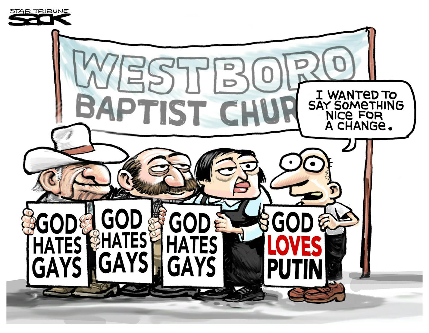 Steve Sack cartoon for Aug. 14, 2013. Topic: Russia's new anti-gay laws.