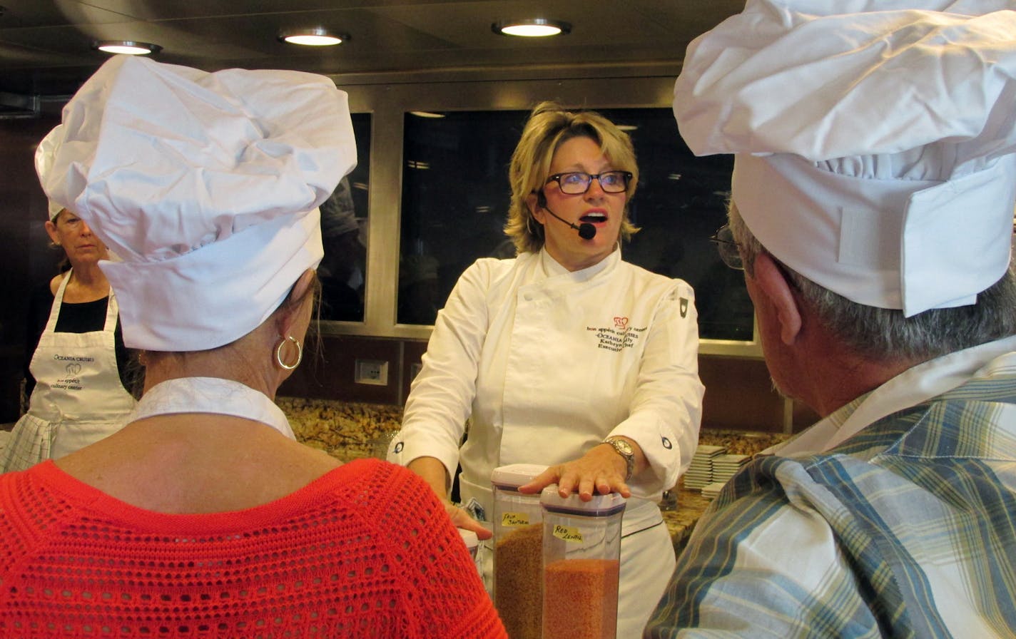 3199: Kathryn Kelly leads a cooking class at the multi-million dollar Bon Appetit Culinary Center aboard Oceania Cruises&#x201a;&#xc4;&#xf4; Riviera. Photo credit: Raphael Kadushin/Special to the Star Tribune;