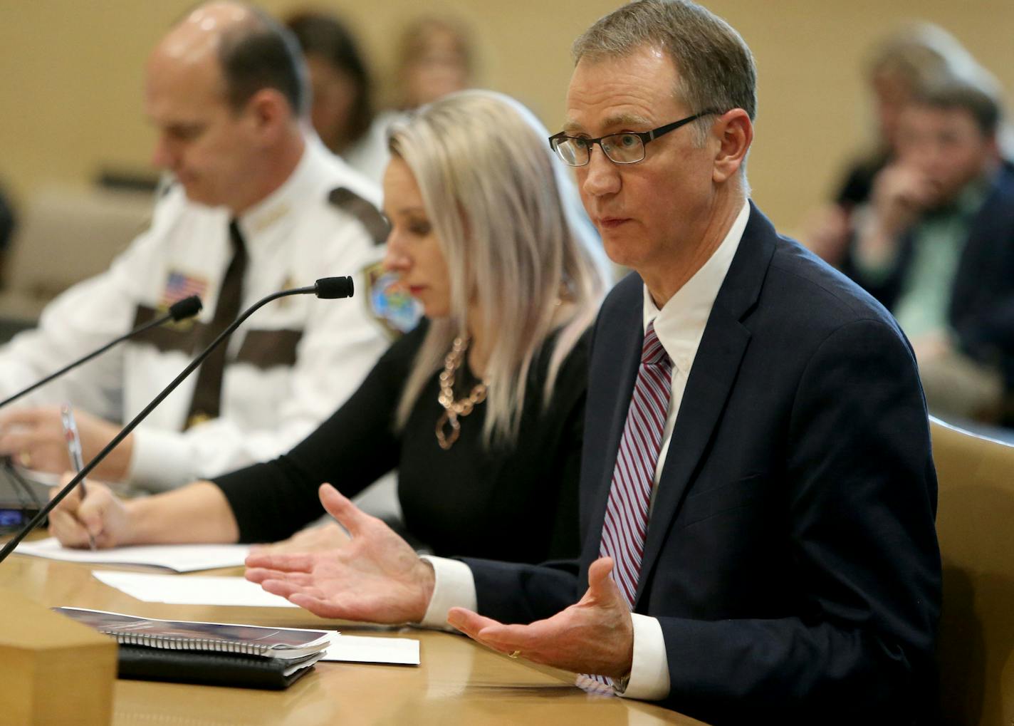 Legislative Auditor Jim Nobles released details of an evaluation into mental health services in county jails to the Senate Health and Human Services Committee Thursday, March 3, 2016, at the Minnesota Senate Building in St. Paul, MN. Here, Chuck Johnson, deputy commissioner of the Minnesota Department of Human Services, right, tries to answer questions from state senators as why the DHS does not have in place a better, more comprehensive plan for dealing with the mentally ill in jail. Seated nex