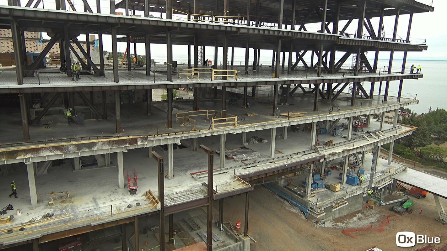 Essentia Health's new clinic under construction on Superior Street in downtown Duluth. Originally slated to open by the end of 2022, the new hospital tower is now scheduled to open to patients by the fall of 2023.