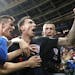 Croatia's Mario Mandzukic, center, celebrates after scoring his side's second goal during the semifinal match between Croatia and England at the 2018 
