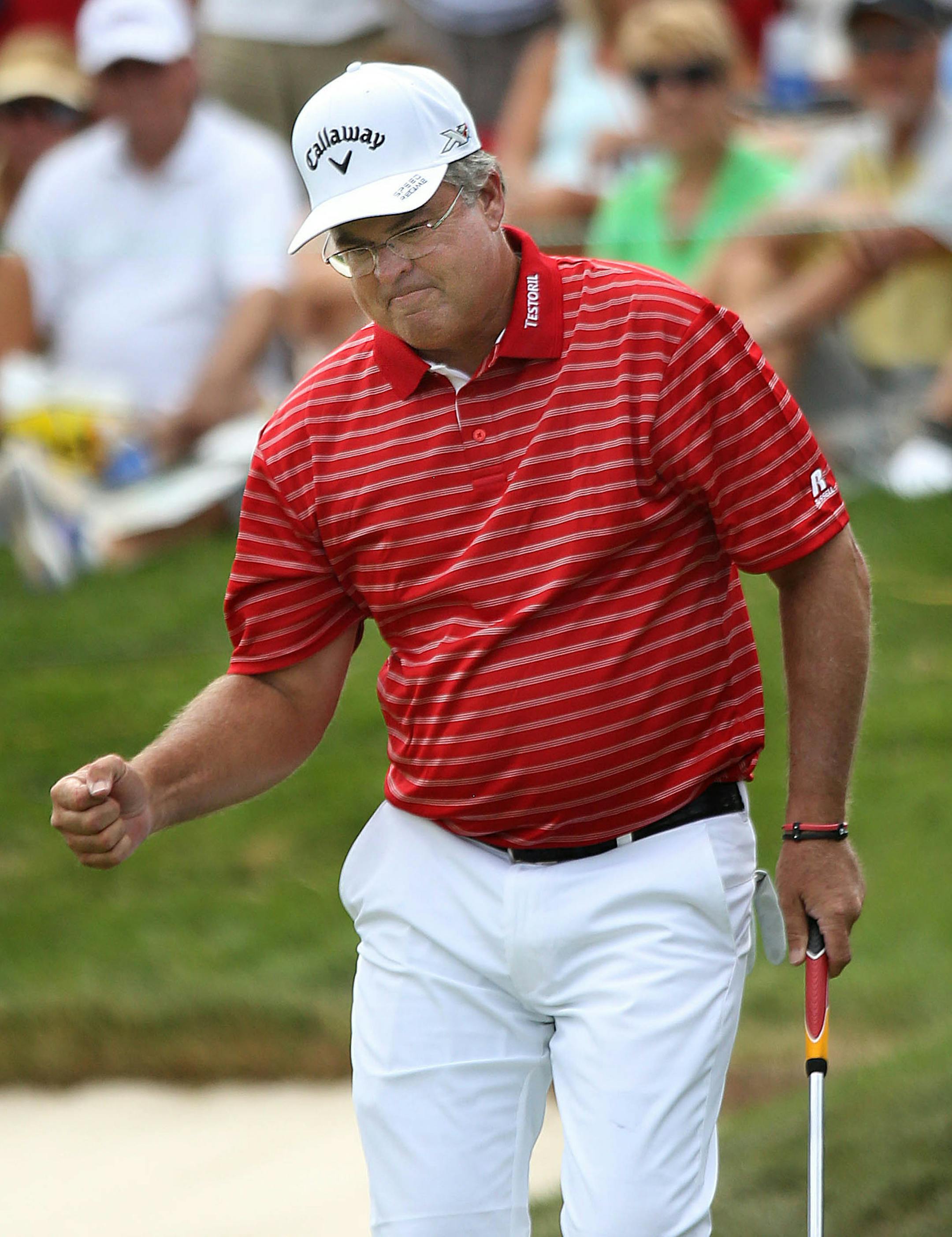 Kenny Perry reacted after sinking an Eagle putt on the final hole to go 14 under for the tournament. ] JIM GEHRZ ï james.gehrz@startribune.com / Blaine, MN / August 1, 2015 / 11:00 AM ñ BACKGROUND INFORMATION: Second round action of the 3M Championship golf tournament at TPC Twin Cities in Blaine. Also the Greats of Golf Competition was played, with players teeing off after the tournament golfers in the morning. Great players from the past scheduled to play include Jack Nicklaus and Ga