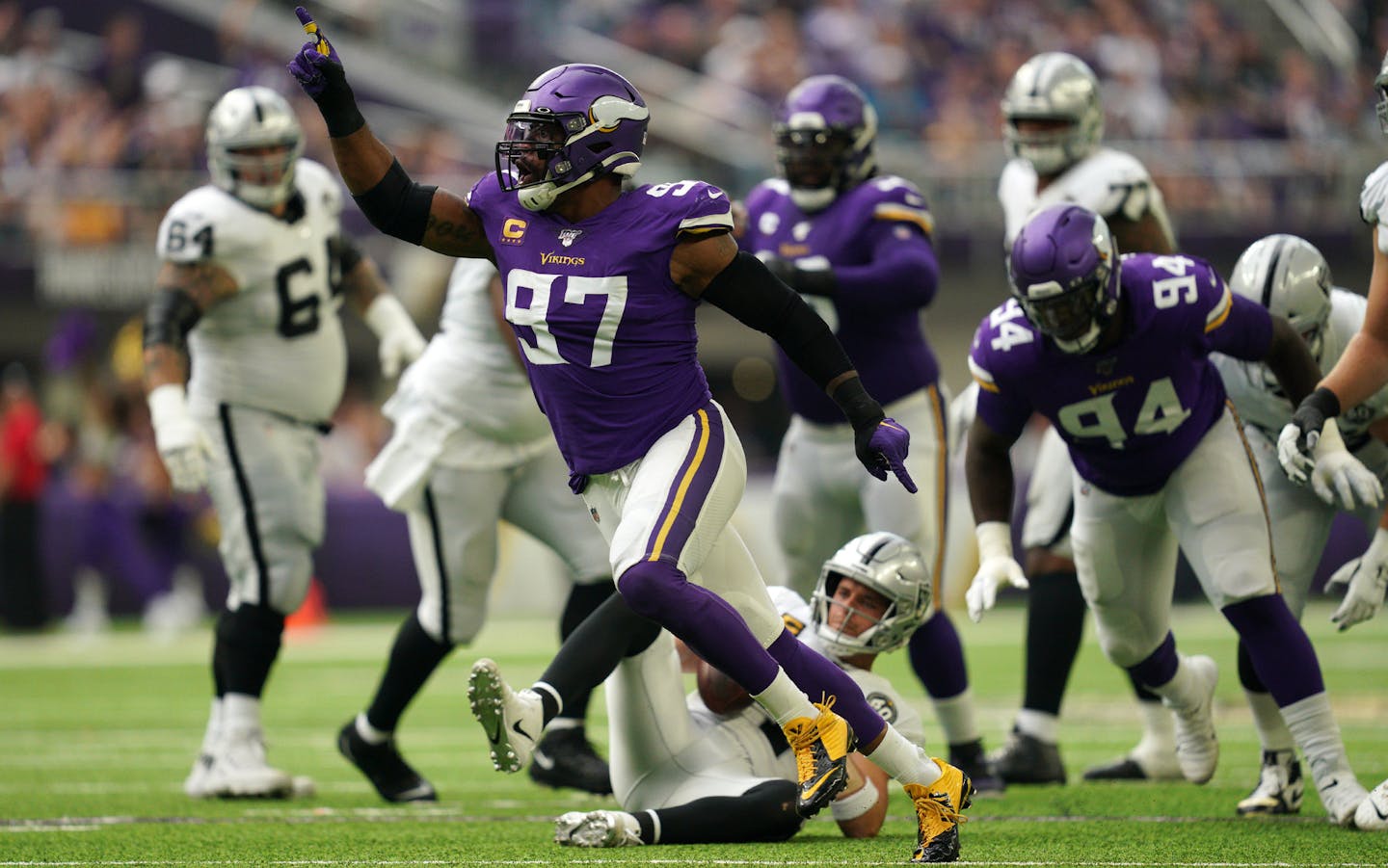 Minnesota Vikings defensive end Everson Griffen (97) celebrated after he sacked Oakland Raiders quarterback Derek Carr (4) in the second quarter. ] ANTHONY SOUFFLE &#x2022; anthony.souffle@startribune.com The Minnesota Vikings played the Oakland Raiders in an NFL game Sunday, Sept. 22, 2019 at U.S. Bank Stadium in Minneapolis.