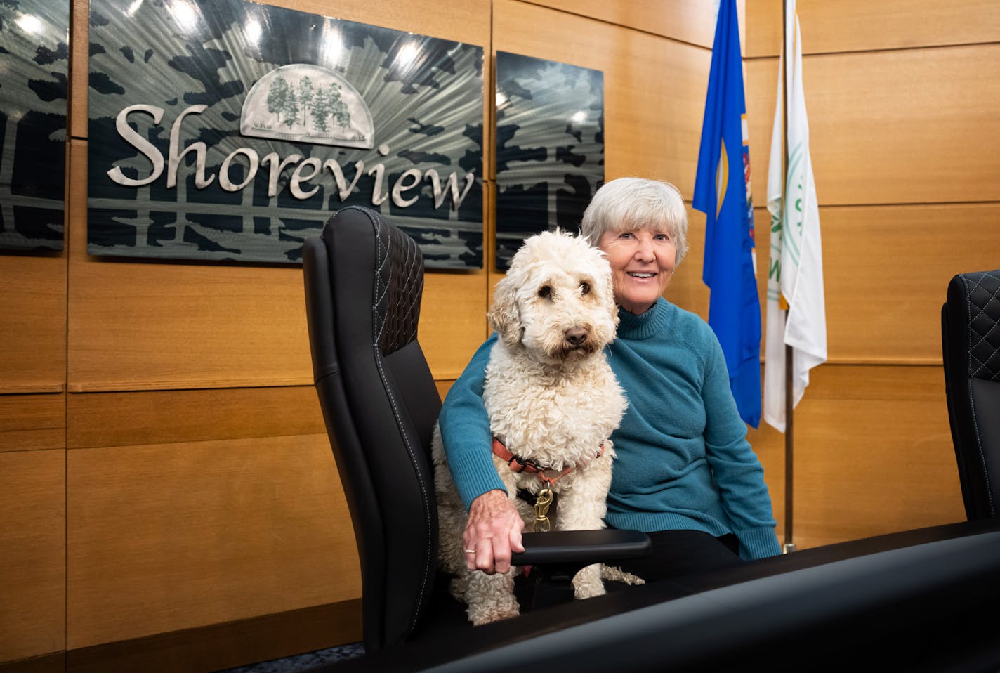 Shoreview Mayor Sandy Martin often brings her dog Rafa to Shoreview City Hall. She is retiring after 26 years in the city's top job. Friday, Dec. 9, 2022 Shoreview, Minn. ] GLEN STUBBE • glen.stubbe@startribune.com