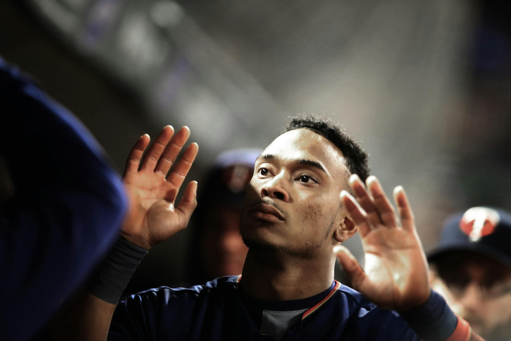 Minnesota Twins shortstop Jorge Polanco (11) celebrated scoring on an RBI by designated hitter Nelson Cruz (23) in the eight inning at Target Field Wednesday May1, 2019 in Minneapolis, MN.