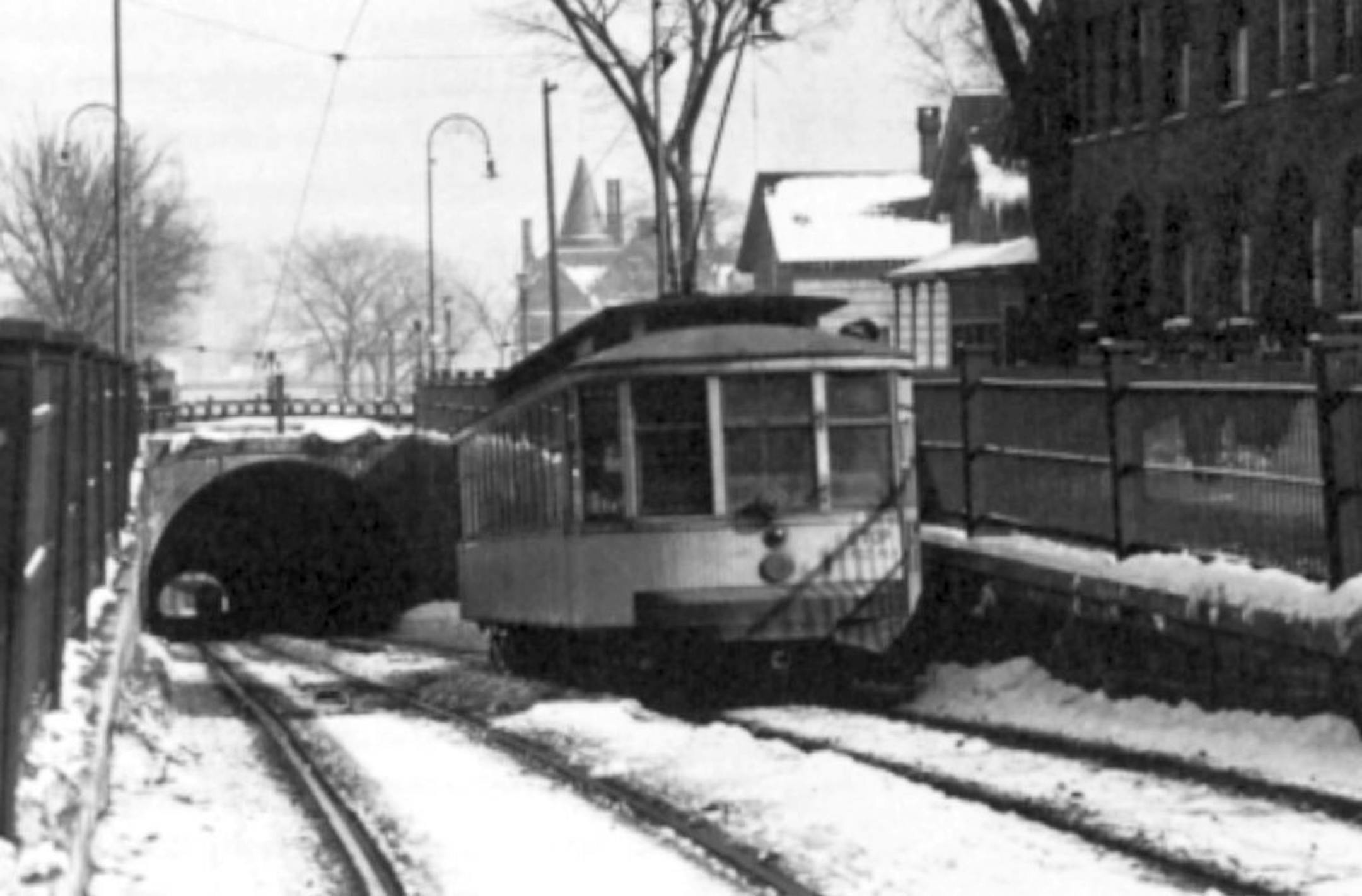 A streetcar descends into the tunnel in 1951; the Wilder house appears above the streetcar, and the Cathedral is barely visible to the left. ORG XMIT: MIN2014071216502686