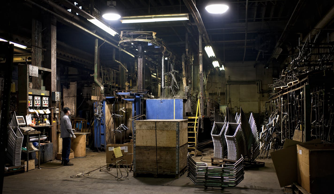 Denny Roach operated the last plating line at Superior Plating in N.E. Minneapolis by himself moving steel table legs and chair frames through tanks to apply the nickel chrome coatings for customers Sico of Edina and Wenger of Owatonna. The 92-year-old company is closing down. ] GLEN STUBBE * gstubbe@startribune.com