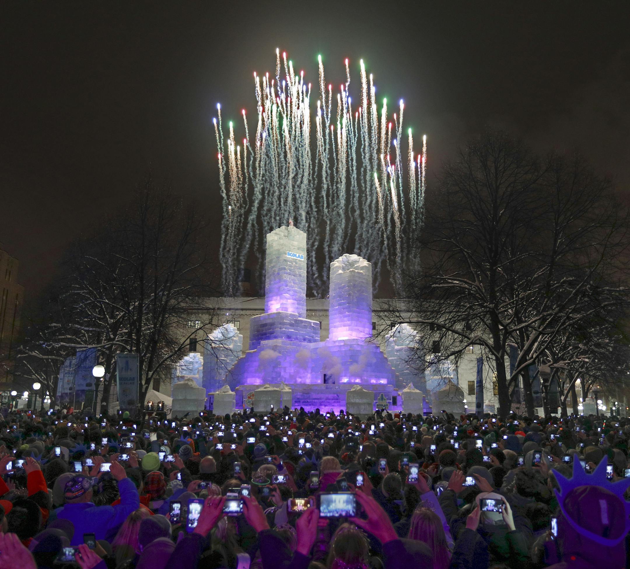 The 2018 Winter Carnival Ice Palace was officially lit Thursday evening in Rice Park in downtown St. Paul. The 70 foot tall palace is the first to grace St. Paul's celebration of winter since 2004. The palace is made up of 4,000 blocks of ice, weighing nearly 4 million pounds. ] BRIAN PETERSON ï brian.peterson@startribune.com
St. Paul, MN 01/22/18