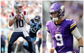 Quarterbacks Drake Maye, left, and J.J. McCarthy were both linked to the Vikings ahead of the 2024 NFL draft. Maye ended up in New England as the No.