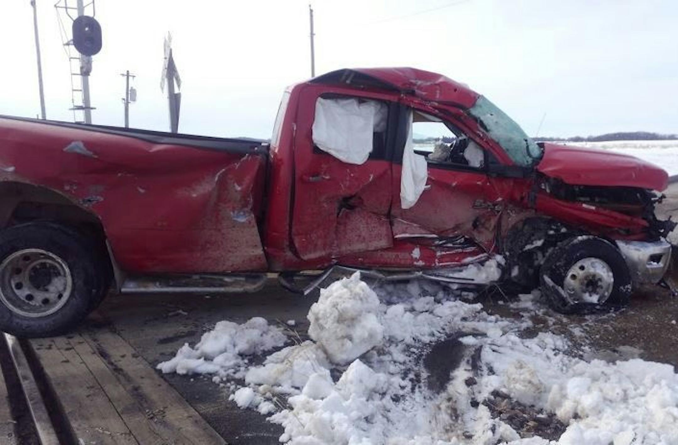 A freight train struck this pickup truck in Freeborn County, Minn. Credit: Freeborn Couty Sheriff's Office