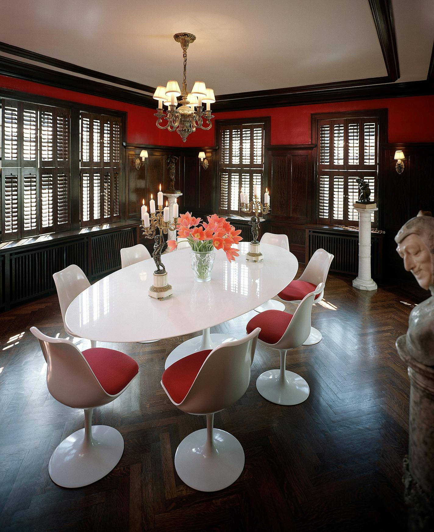 The House that Hair Built, the home of Denny Kemp and Doug Melroe, on Pillsbury Avenue in Minneapolis, is a fabulously old rehabbed house done in high Mid-Century Modern style by this pair of Mix-Masters, who are constantly redoing their renovations. This dining room is one of the feature rooms in the mansion.