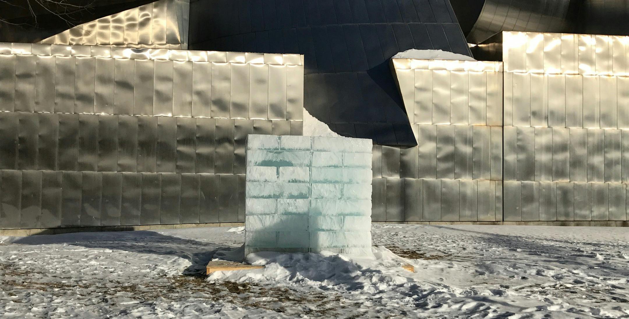 Cube of ice bricks outside Weisman Art Museum.