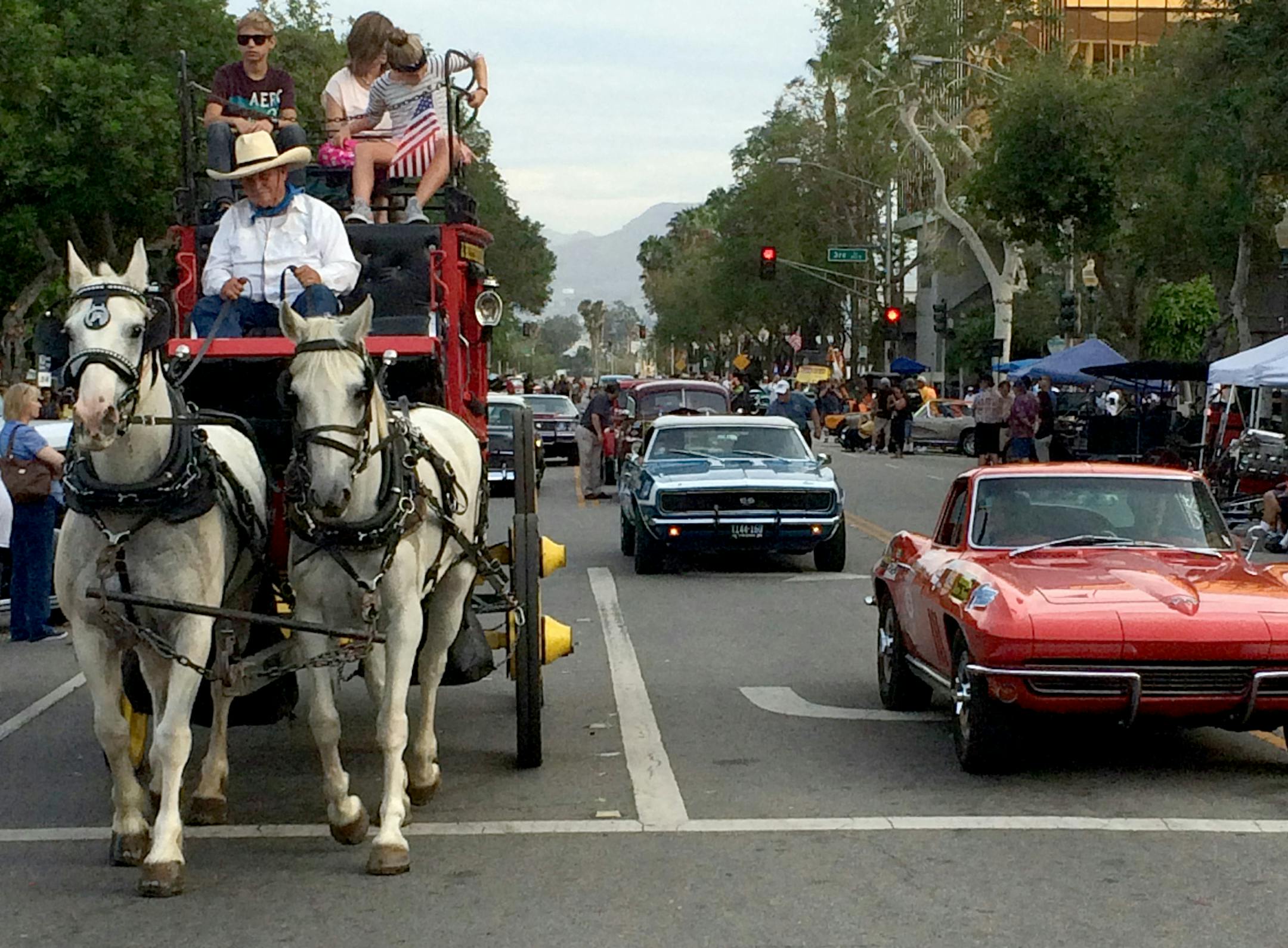 Old and new transportation modes crossed paths in San Bernardino, Calif. It was all part of the fun in the Great Race.