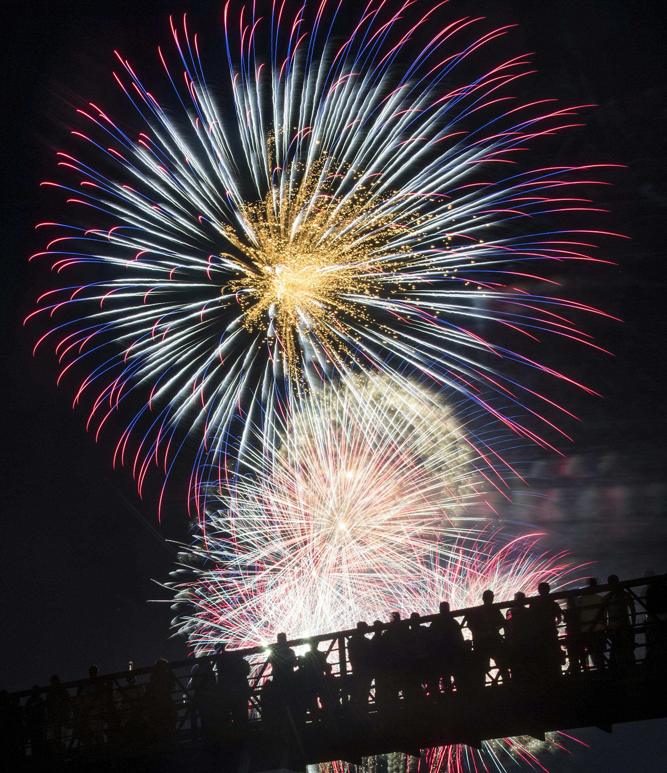 Spectators watched the fireworks display from a bridge across W 84th St. at Normandale Lake Bandshell in Bloomington, MN, on Sunday, July 3, 2016. ] Isaac Hale Ô isaac.hale@startribune.com The city of Bloomington held an Independence Day celebration at Normandale Lake Bandshell on Sunday, July 3, 2016. ORG XMIT: MIN1607032302440869