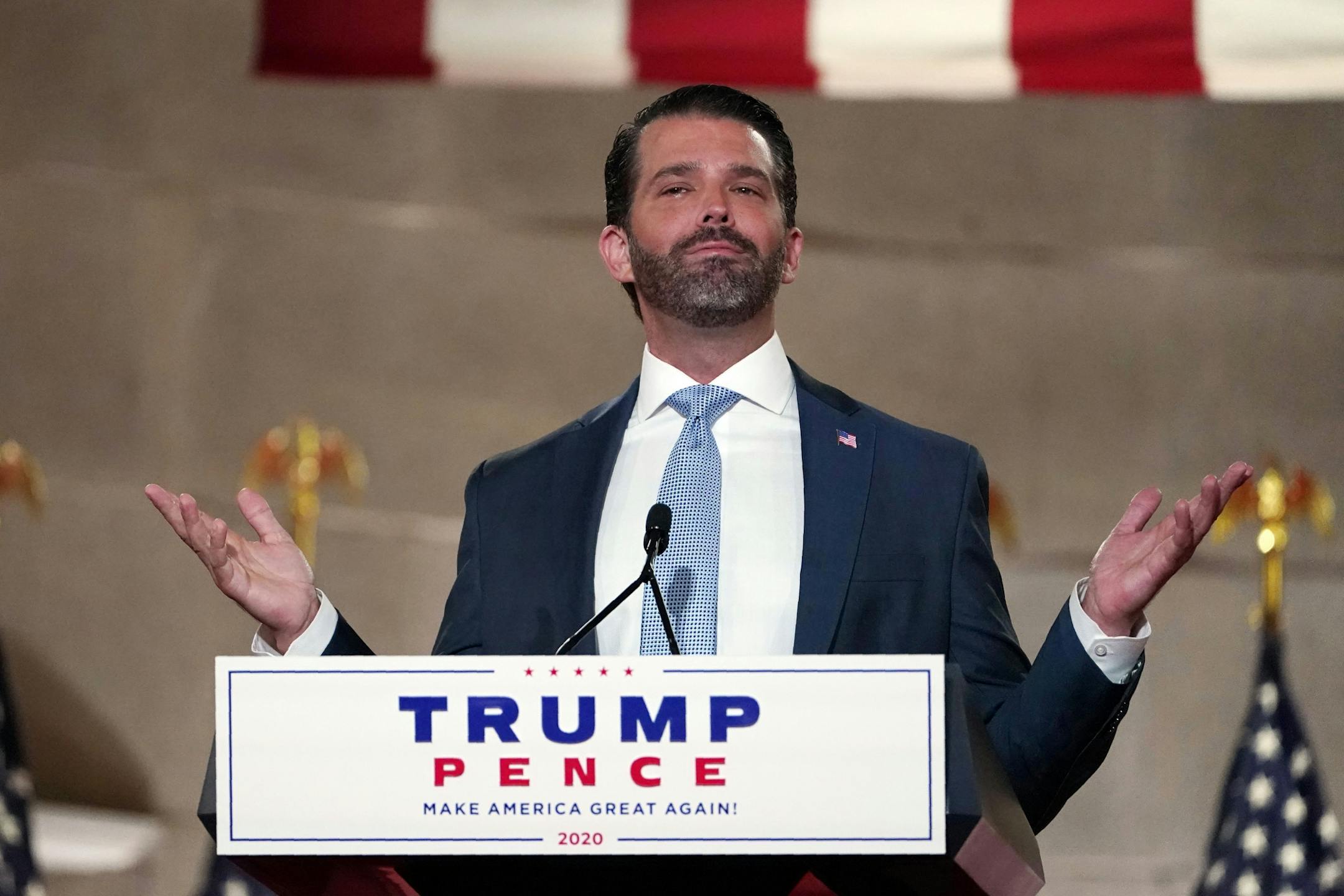 Donald Trump Jr., speaks as he tapes his speech for the first day of the Republican National Convention from the Andrew W. Mellon Auditorium in Washington, Monday, Aug. 24, 2020.