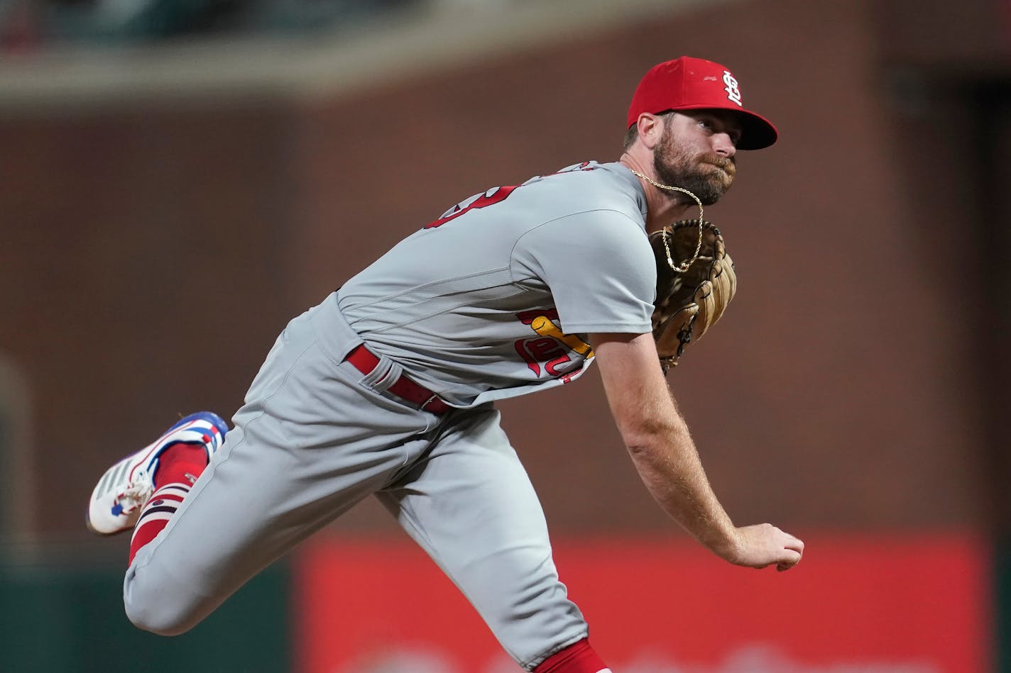 St. Louis Cardinals' John Gant against the San Francisco Giants during a baseball game in San Francisco, Tuesday, July 6, 2021. (AP Photo/Jeff Chiu)