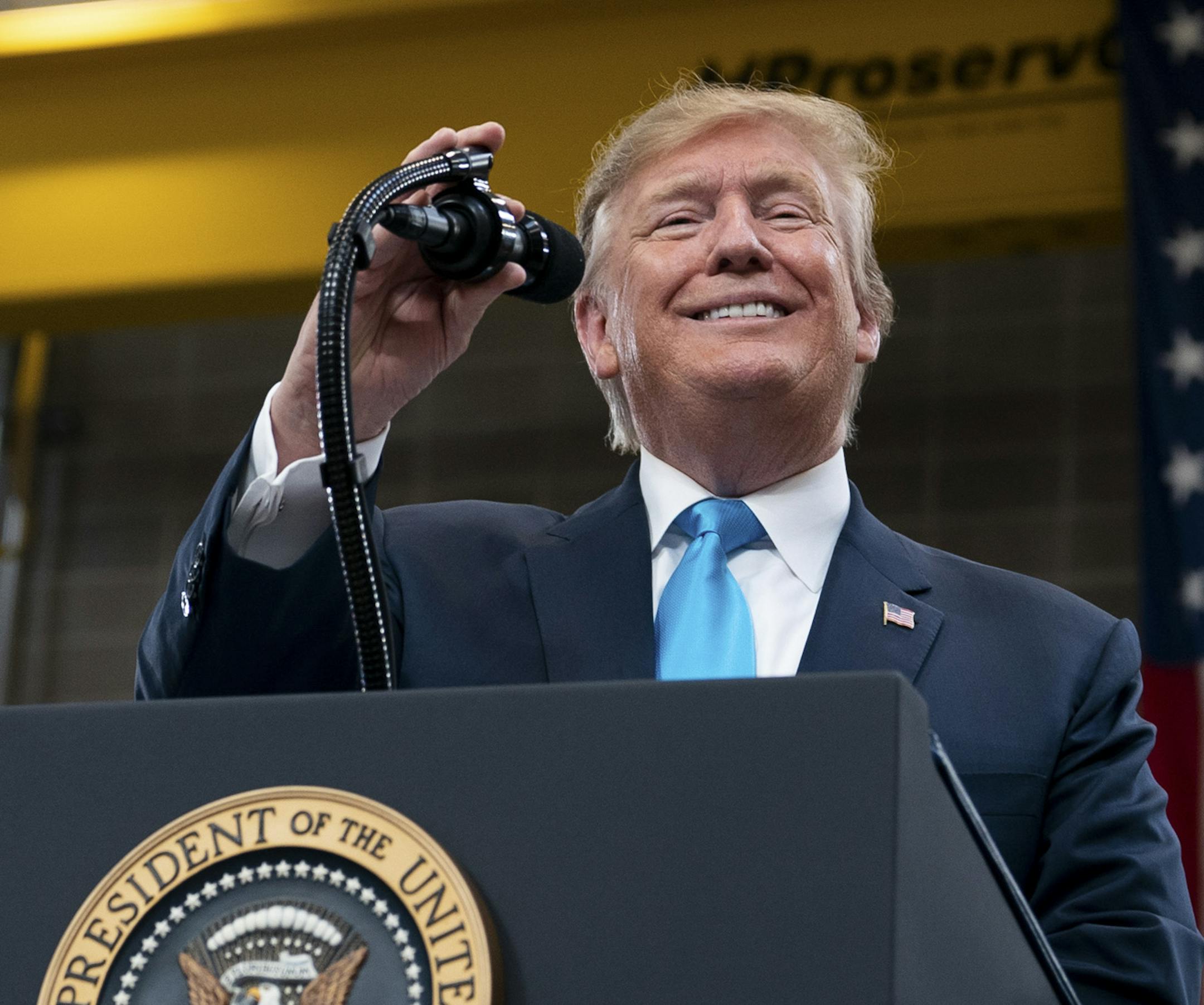 President Donald Trump speaks in Crosby Texas, April 10, 2019. The president&#x2019;s plan of attack for the special counsel's report is to act as if the report itself is extraneous to his attorney general&#x2019;s brief letter, aides said. (Erin Schaff/The New York Times)