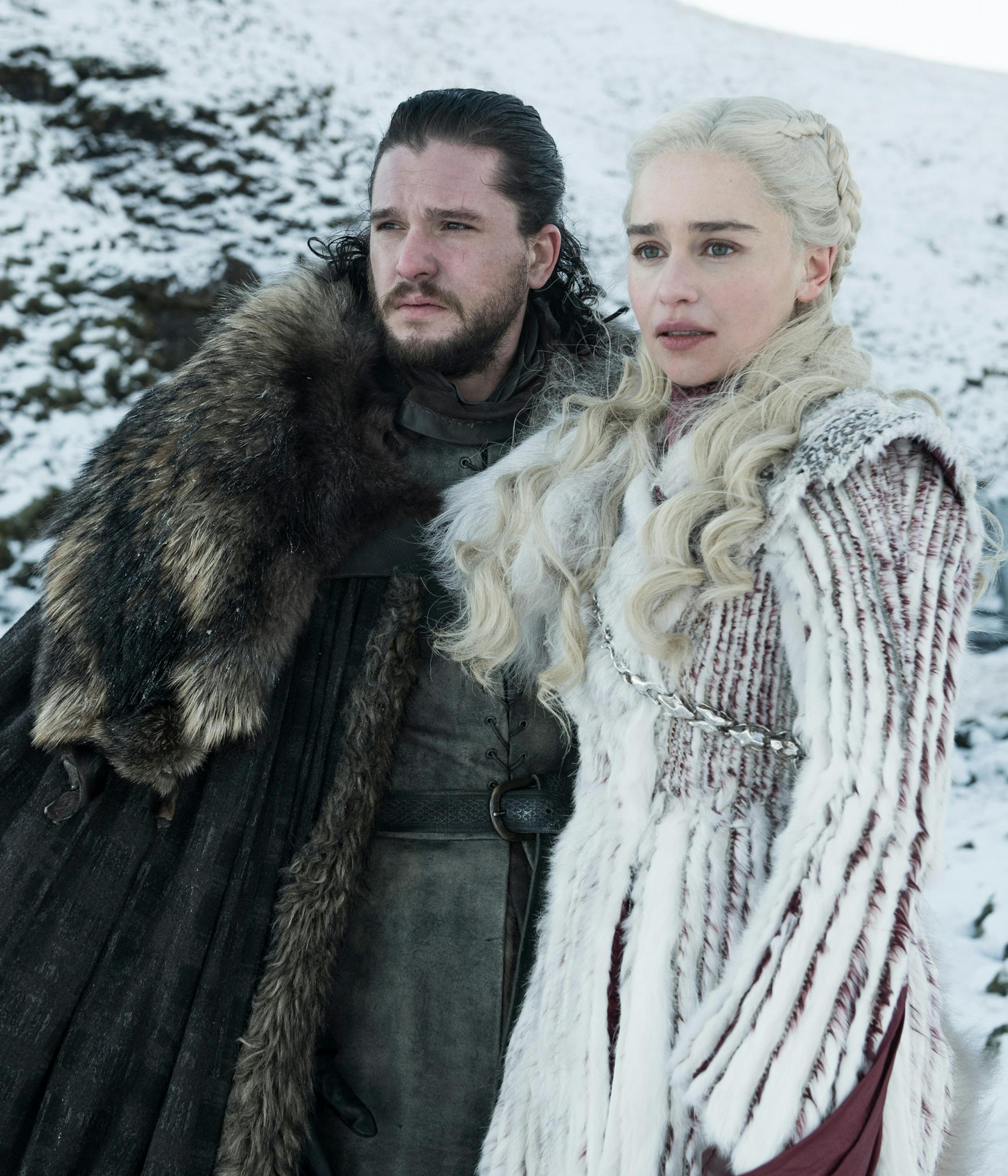 Jon Snow, played by Kit Harington, Daenerys Targaryen, played by Emilia Clarke, in season 7 of "Game of Thrones," on HBO. GoT is back with its final season in April. ORG XMIT: 1279175