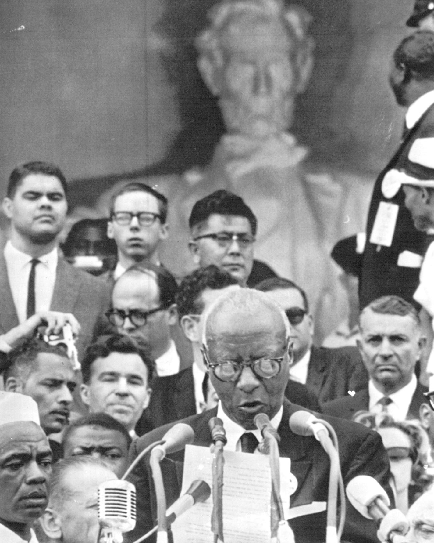 August 29, 1963 Speaking to the crowd at Washington, A Philip Randolph, 74-year-old negro director of the march and president of the AFLCIO Brotherhood of Sleeping Car Porters,said, "The march has already achieved its objective. It has awakened and aroused the conscience of a nation." Associated Press Wirephoto