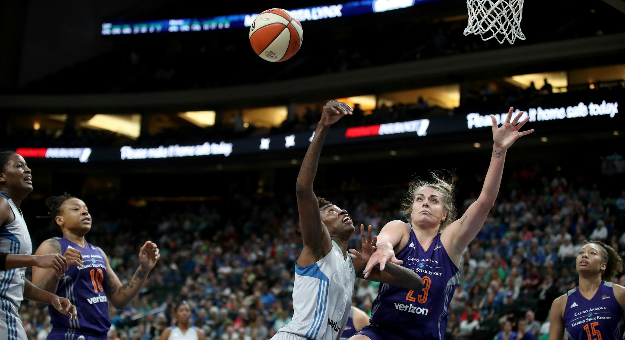 Minnesota Lynx forward Natasha Howard (3) was fouled by Phoenix Mercury center Cayla George in the second half at Xcel Energy Center on Tuesday August 22,2017 in St. Paul,MN.