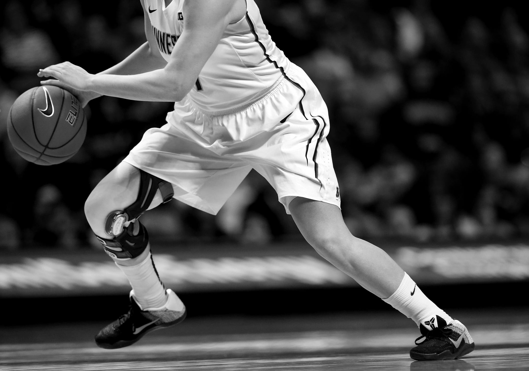 Rachel Banham made a move during a WNIT game vs. Milwaukee. Banham wore a knee brace for the entire 2015-16 season after recovering from a season ending knee injury in back in December of 2014.