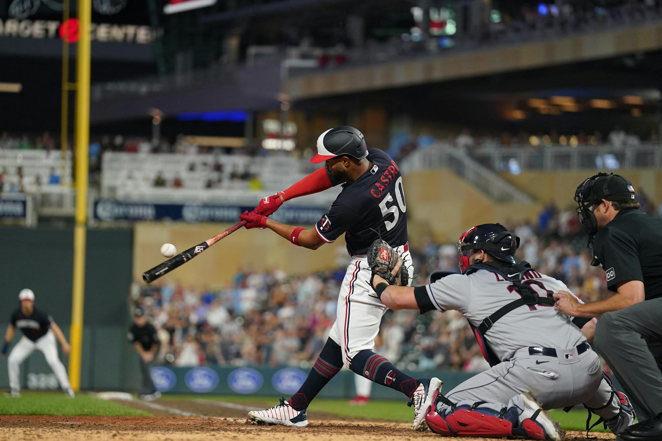 Minnesota Twins left fielder Willi Castro (50) hits the winning sacrifice fly in the 9th scoring Minnesota Twins catcher Ryan Jeffers (27) in Minneapolis, Minn., on Thursday, June 1, 2023.