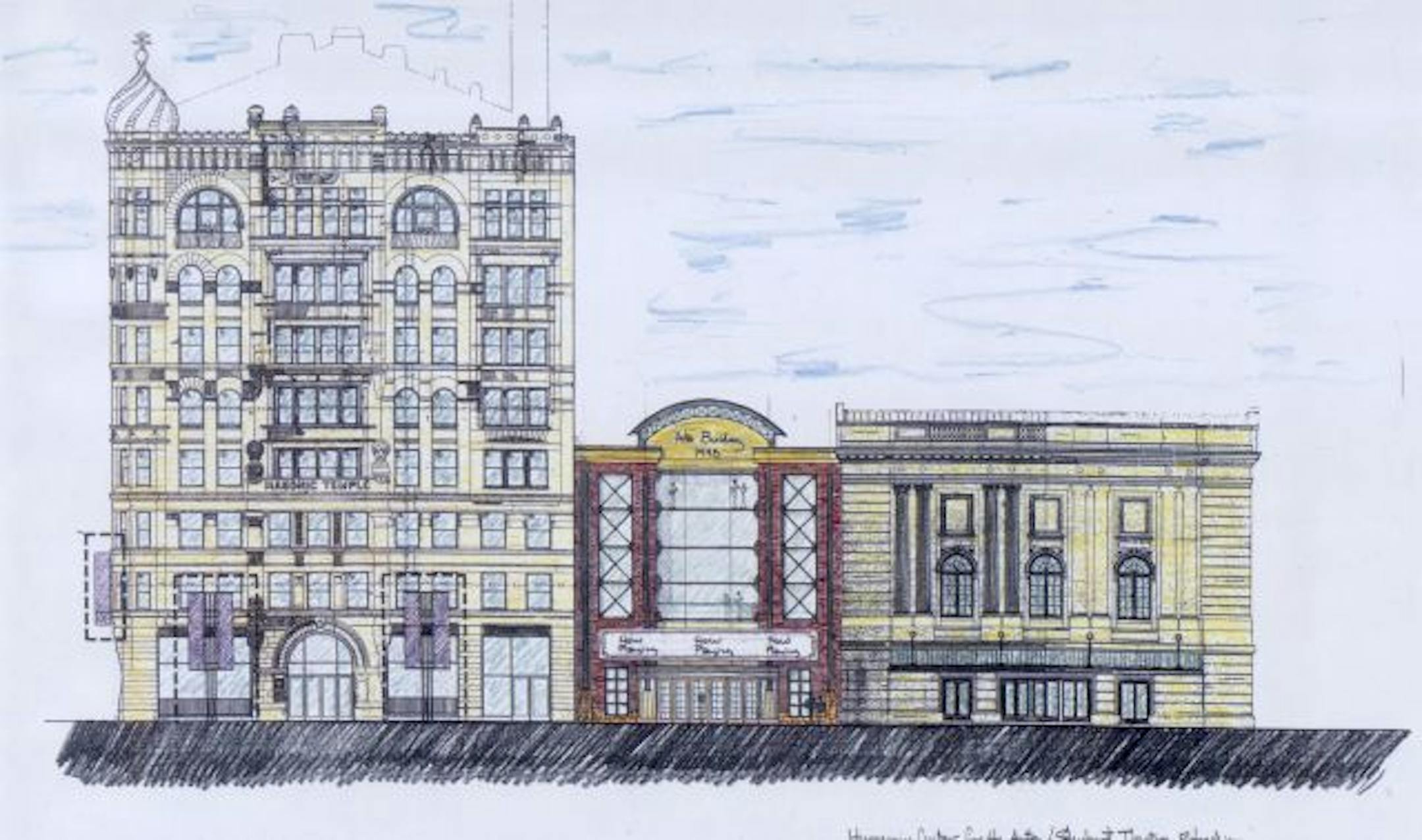 Shown is the 1998 architect's plan for the Shubert Theater as it would look in its new location on Hennepin Avenue.