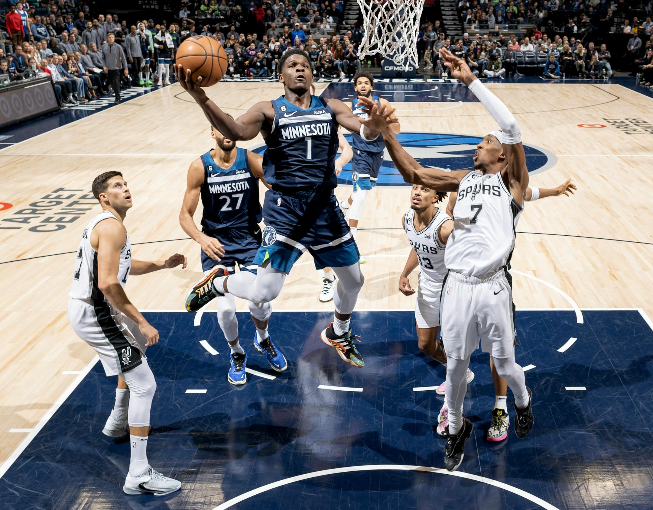 Anthony Edwards (1) of the Minnesota Timberwolves attempts a shot in the second half Wednesday, October 26, 2022, at Target Center in Minneapolis, Minn.