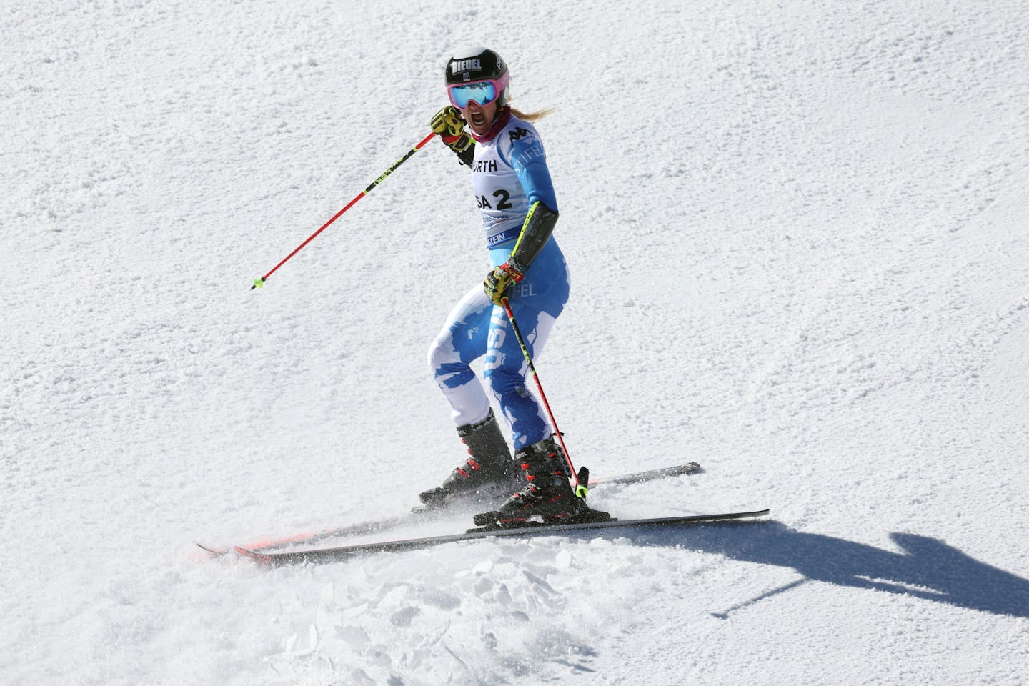 Paula Moltzan celebrates during the alpine ski, mixed team parallel event, at the World Championships, in Meribel, France