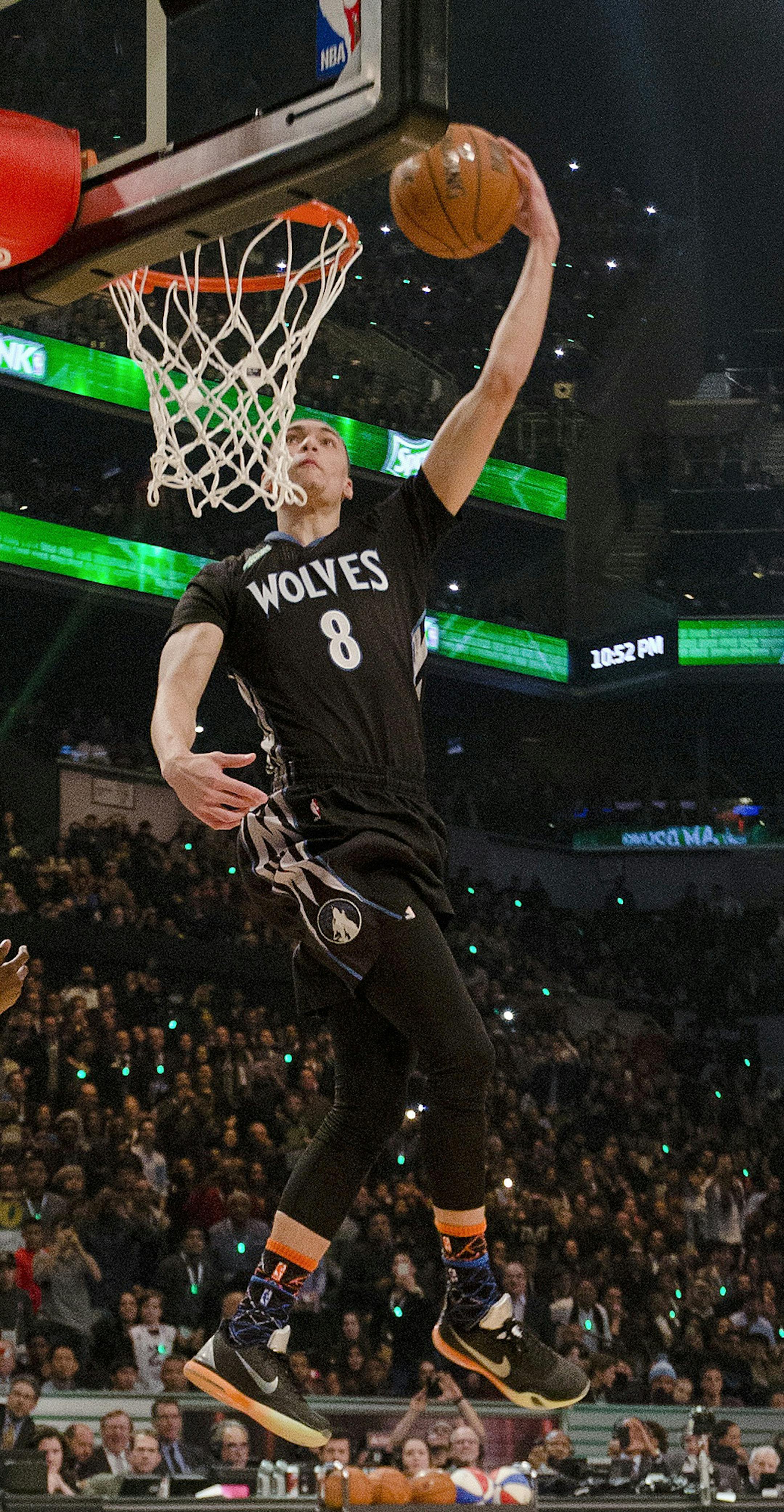 Minnesota Timberwolves Zach LaVine competes during the NBA All-Star Saturday Slam Dunk contest Saturday, Feb. 14, 2015, in New York. (AP Photo/Frank Franklin II)