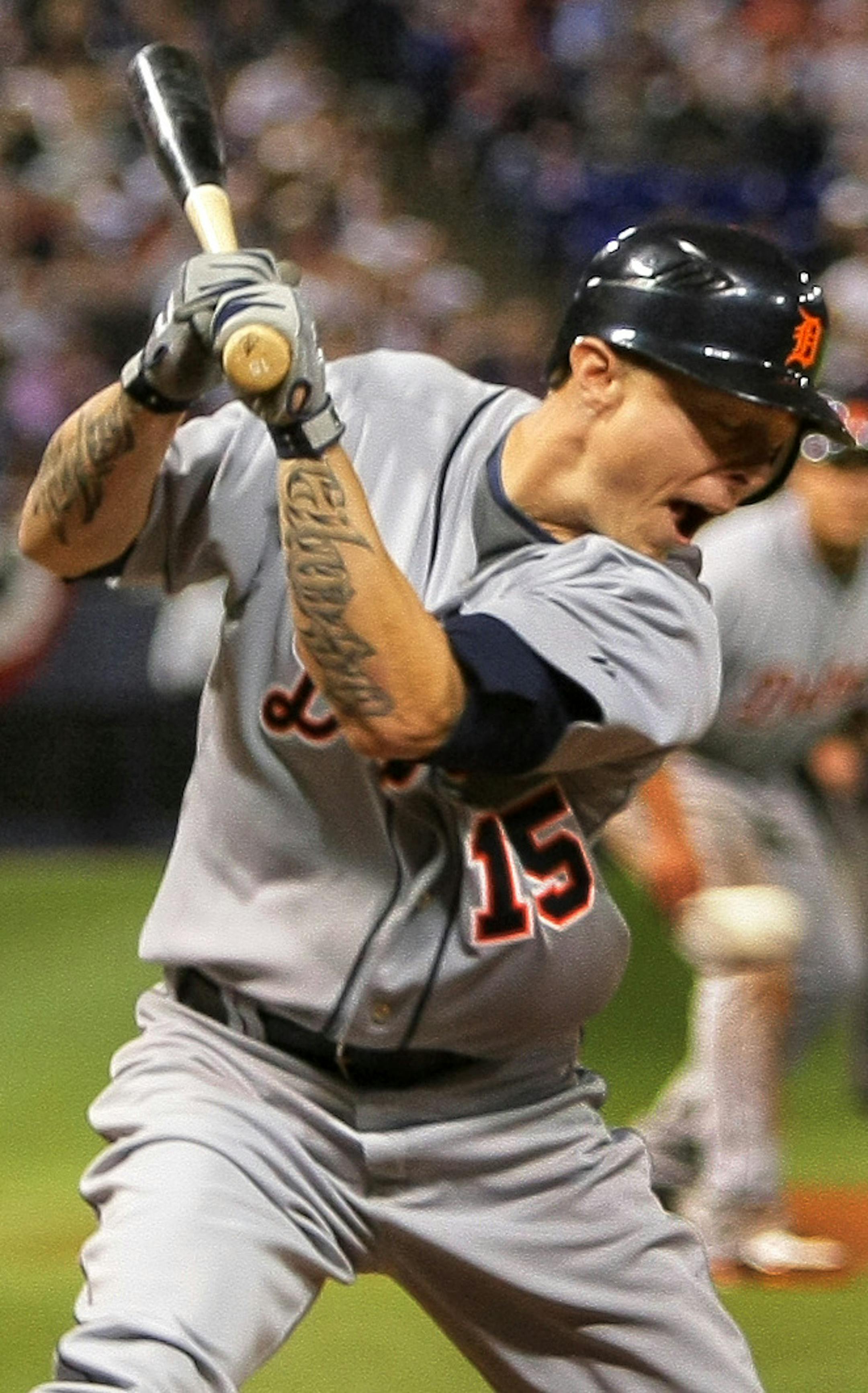 BRIAN PETERSON • brianp@startribune.com Minneapolis, MN - 10/06/2009 Minnesota Twins -vs- Detroit Tigers (One Game tiebreaker for the division title) ] Detroit Tigers Brandon Inge, with his shirt bloused out, gets hit by a pitch in the top of the 12th inning with bases loaded, But the Tigers didn't get the call they felt they should have gotten in the top of the 12th when a pitch hit Brandon Inge in the shirt with the bases loaded. And wasn't called. Plate umpire Randy March didn't see it