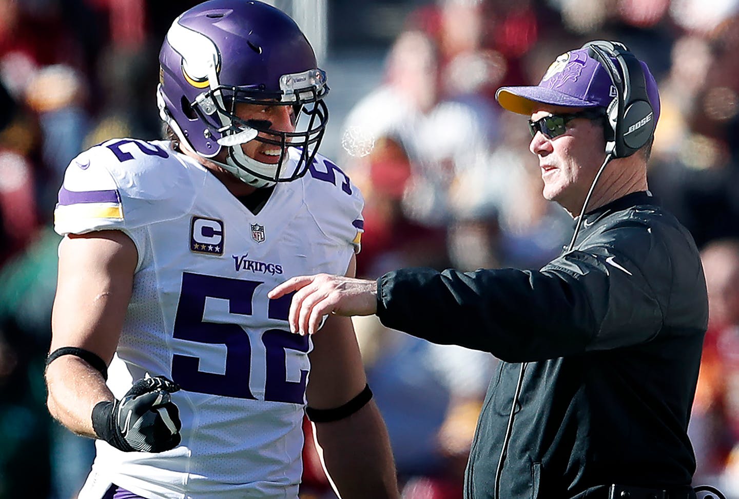 Minnesota Vikings head coach Mike Zimmer speaks to Chad Greenway in the first quarter of a game against the Washington Redskins on Sunday, Nov. 13, 2016, at FedEx Field in Landover, Md. (Carlos Gonzalez/Minneapolis Star Tribune/TNS) ORG XMIT: 1193080