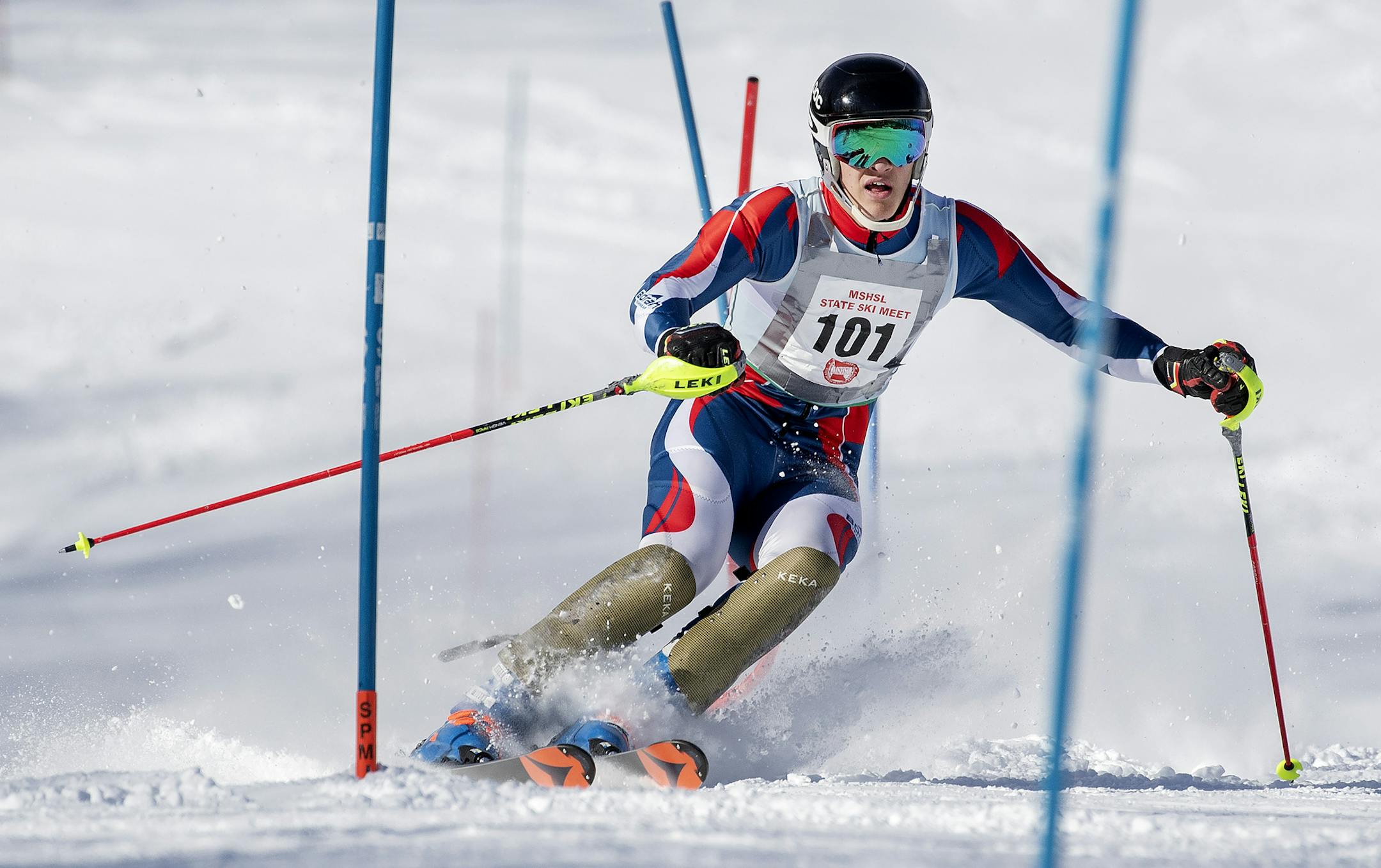 Kaarl Damberg of Mounds View made his way down the Innsbruck course. ] CARLOS GONZALEZ • cgonzalez@startribune.com – Biwabik, MN – February 13, 2019, Giants Ridge Ski Resort, Minnesota High School / Prep Alpine skiing state meet