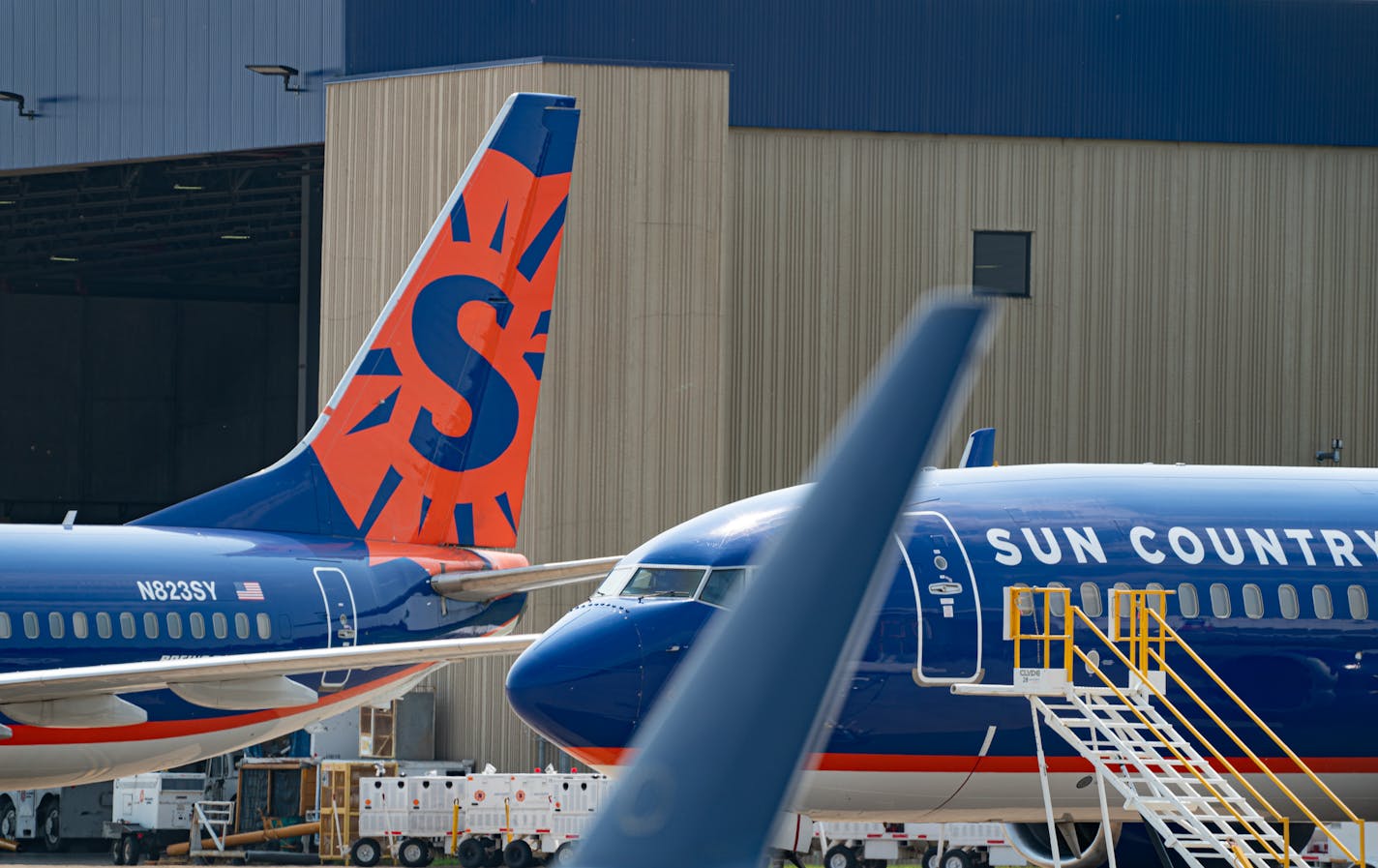 Image of Sun Country jets on the tarmac at Minneapolis-St Paul International Airport at the airline's maintenance facility.