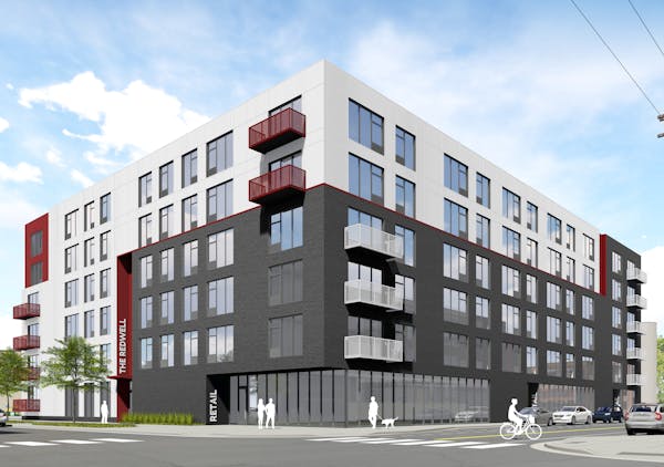 A rendering shows the proposed Redwell apartments.