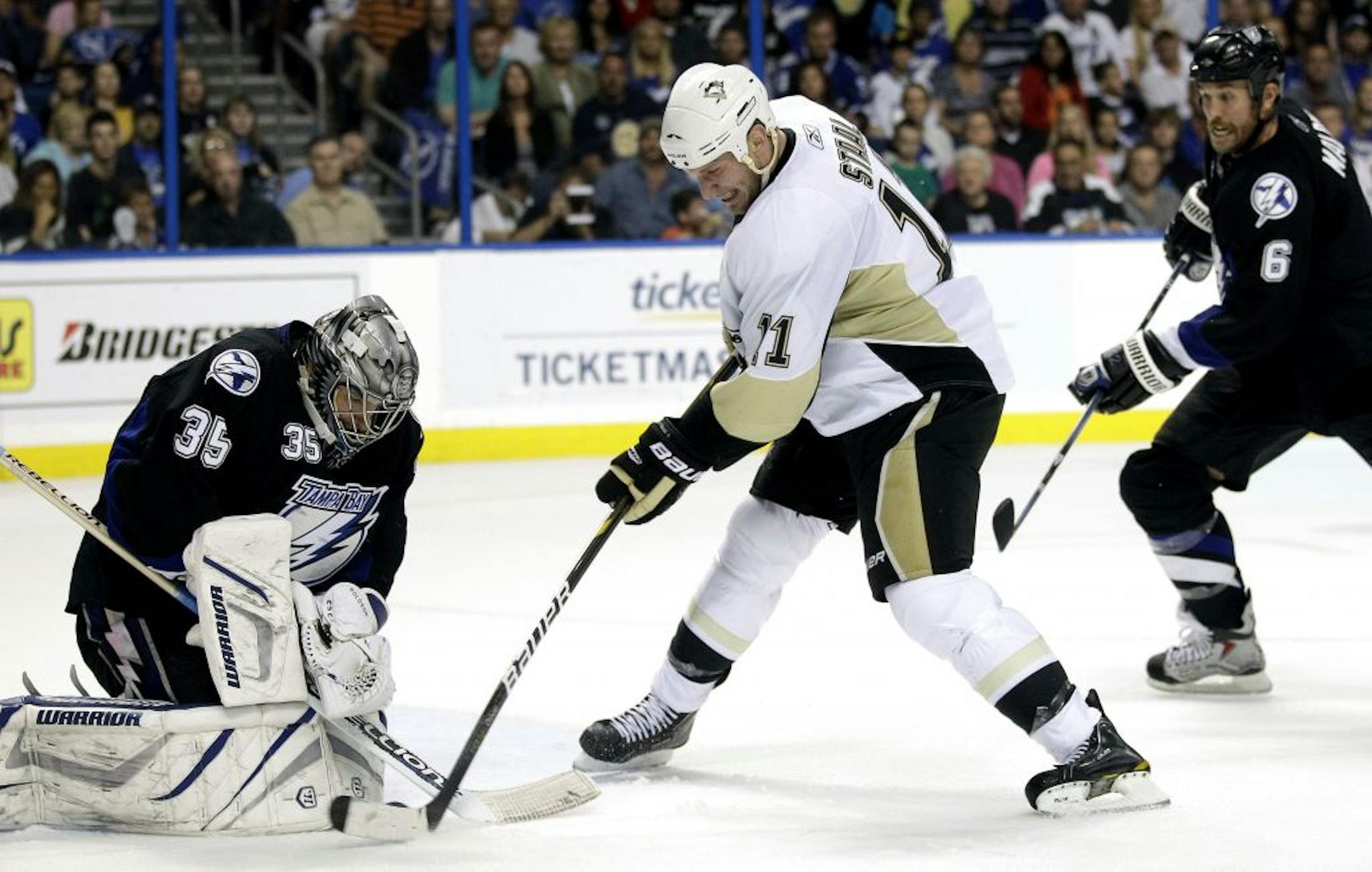 Penguins center Jordan Staal fired a point-blank shot on Lightning goalie Dwayne Roloson during the first period in Game 6 on Monday.
