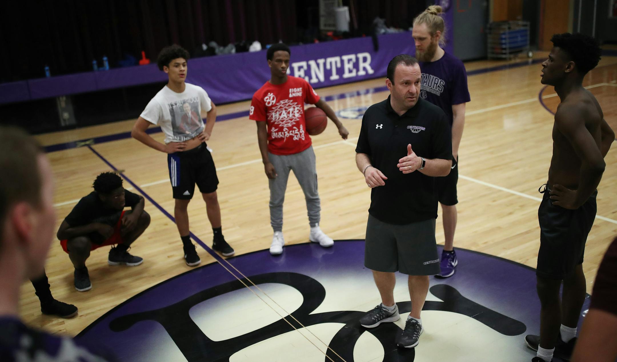 Coach Matthew McCollister spoke with his team during practice at Brooklyn Center High School Tuesday Feb 27, 2018 in Brooklyn Center, MN.] JERRY HOLT &#xef; jerry.holt@startribune.com
