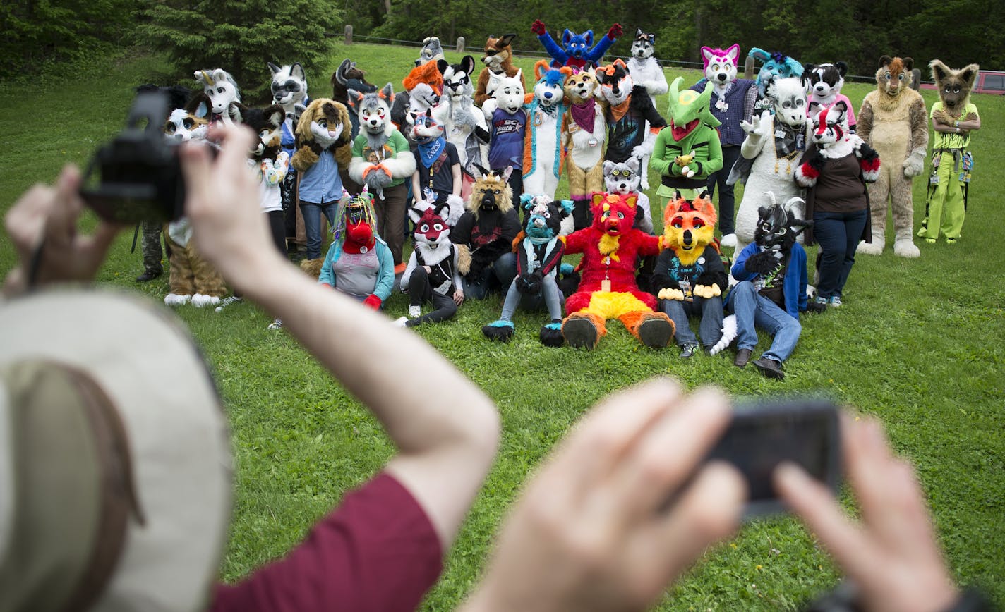 Furries posed for a group photo, during MNFur&#x2019;s annual picnic at St. Paul&#x2019;s Hidden Falls Park in mid-May.