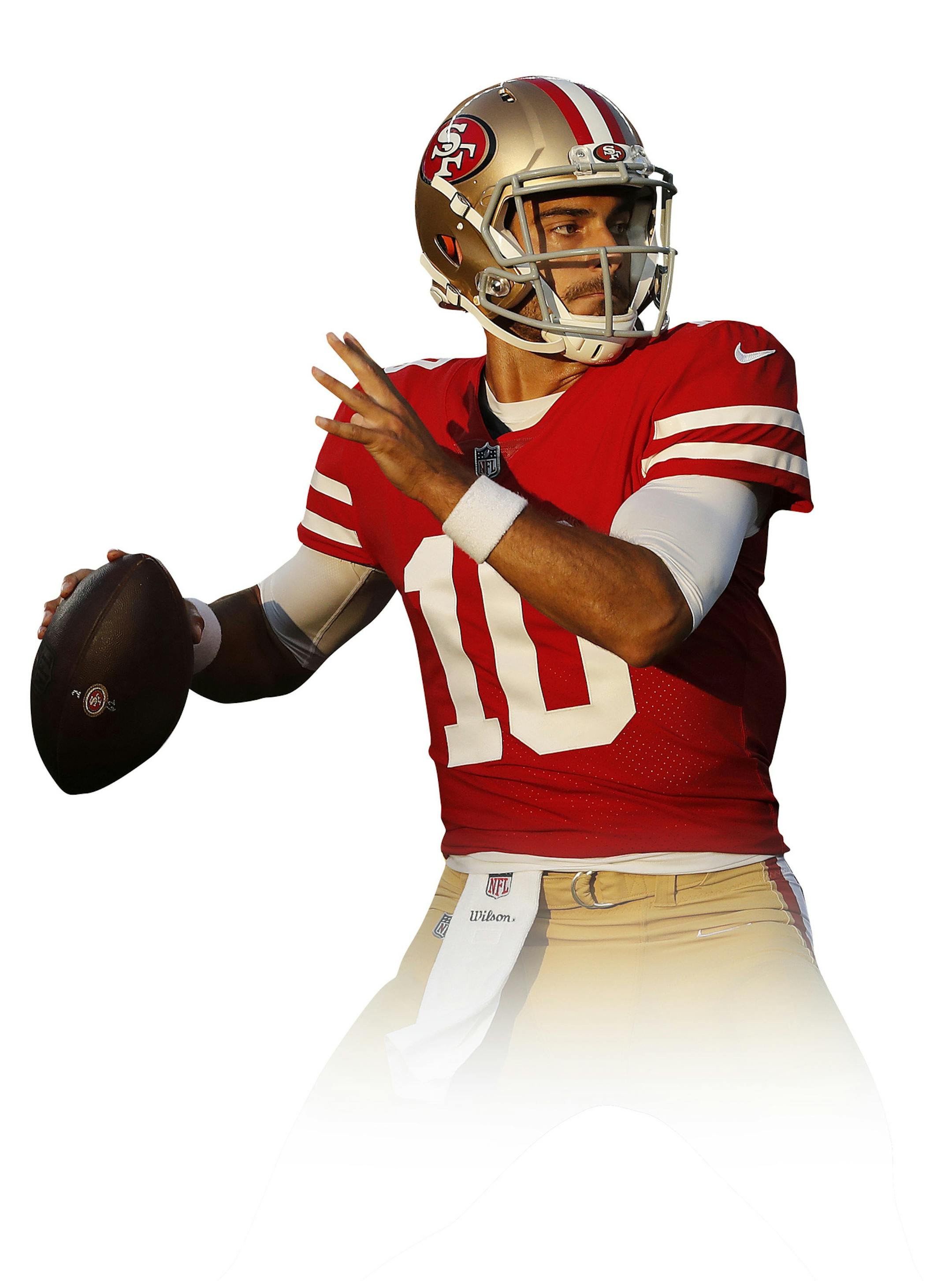 San Francisco 49ers quarterback Jimmy Garoppolo (10) drops back to pass against the Dallas Cowboys during the first half of an NFL preseason football game in Santa Clara, Calif., Thursday, Aug. 9, 2018. (AP Photo/Josie Lepe) ORG XMIT: FXN