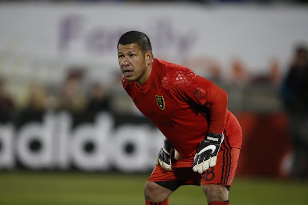 Real Salt Lake goalkeeper Nick Rimando (18) in the second half of an MLS soccer game in Commerce City, Colo., late Saturday, May 7, 2016. The Rapids w