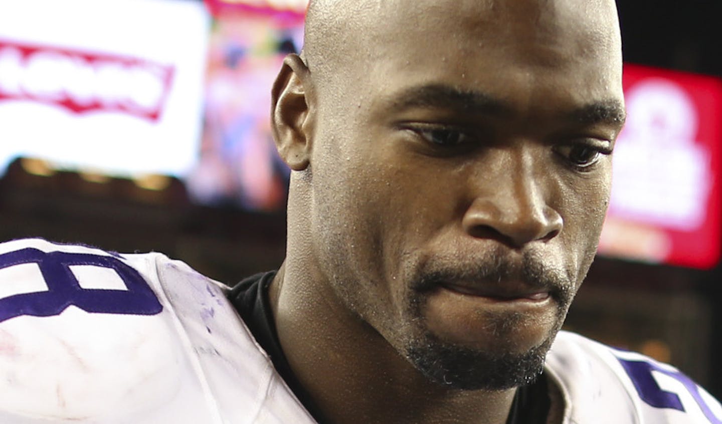 Vikings running back Adrian Peterson (28) walked off the field after the Vikings' loss Monday night. ] JEFF WHEELER &#xef; jeff.wheeler@startribune.com The Minnesota Vikings opened their NFL season with a 20-3 loss to the San Francisco 49ers on Monday Night Football at Levi's Stadium in Santa Clara, CA on September 14, 2015.