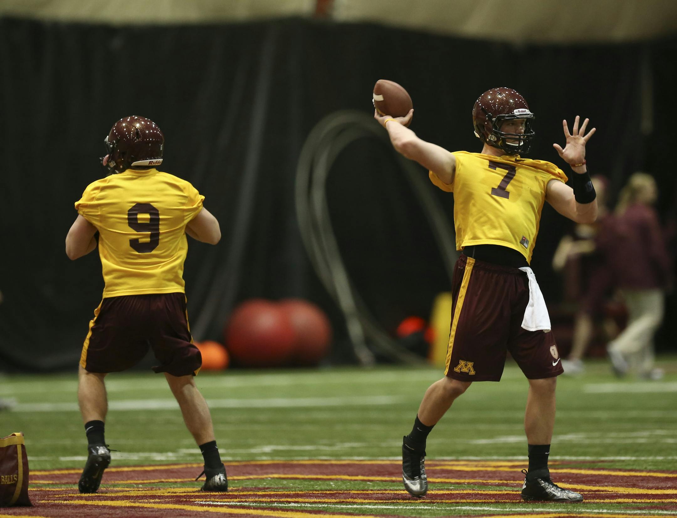 The University of Minnesota football team held their first day of spring practice indoors at the Gibson-Nagurski Football Complex Tuesday afternoon, March 26, 2013 in Minneapolis, Minn. Possible backup quarterback Mitch Leidner threw during drills Tuesday afternoon. Like starter Philip Nelson was next to him at left. ] JEFF WHEELER &#x201a;&#xc4;&#xa2; jeff.wheeler@startribune.com