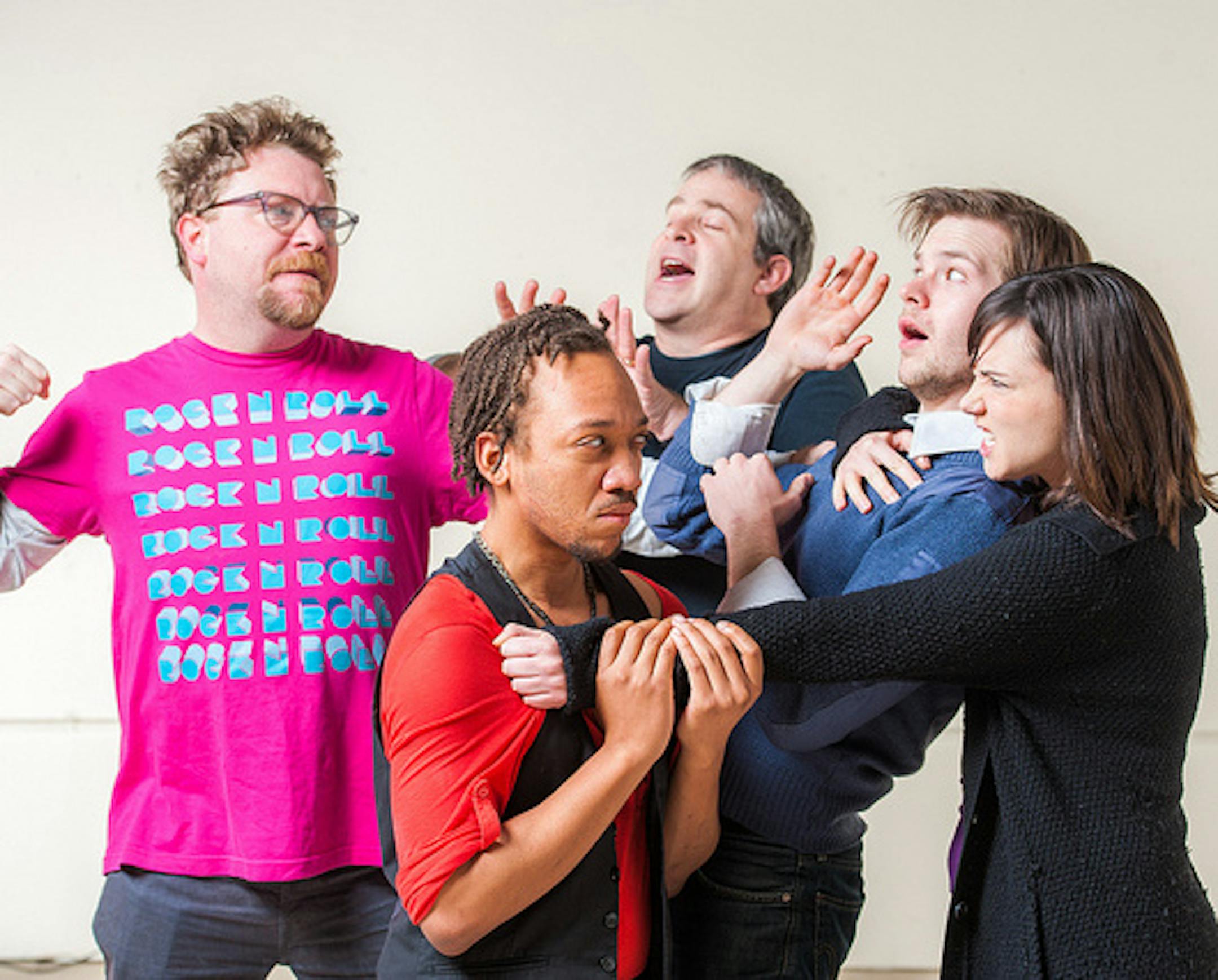 From left: Sam Landman, Michael Terrel Brown, Joe Wiener, Bryan Porter, and Rachel Finch making a reality television show in "Six Characters in Search of an Author."