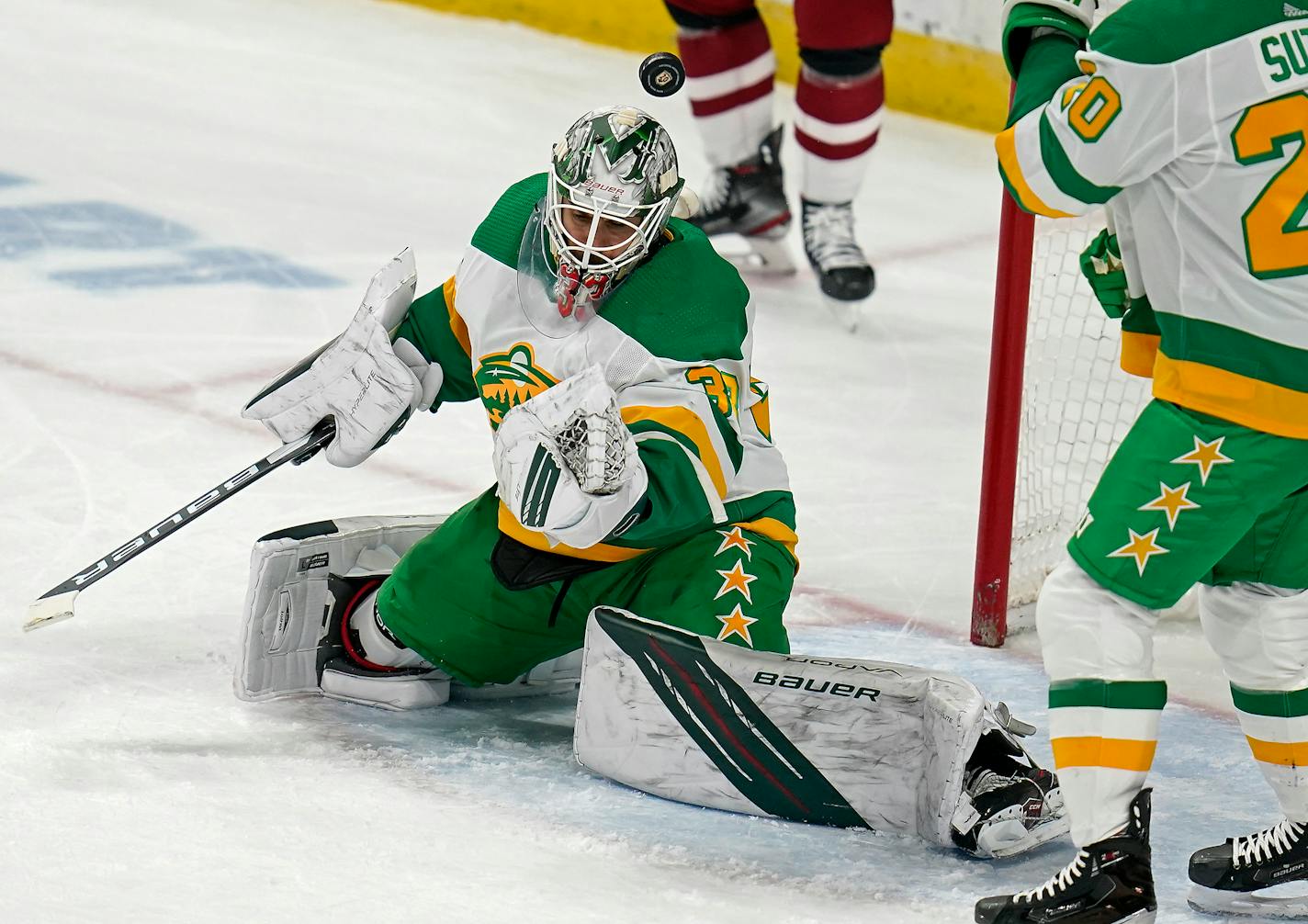 Minnesota Wild goaltender Cam Talbot (33) blocked a shot as Minnesota Wild defenseman Ryan Suter (20) defended during the third period. ] LEILA NAVIDI • leila.navidi@startribune.com