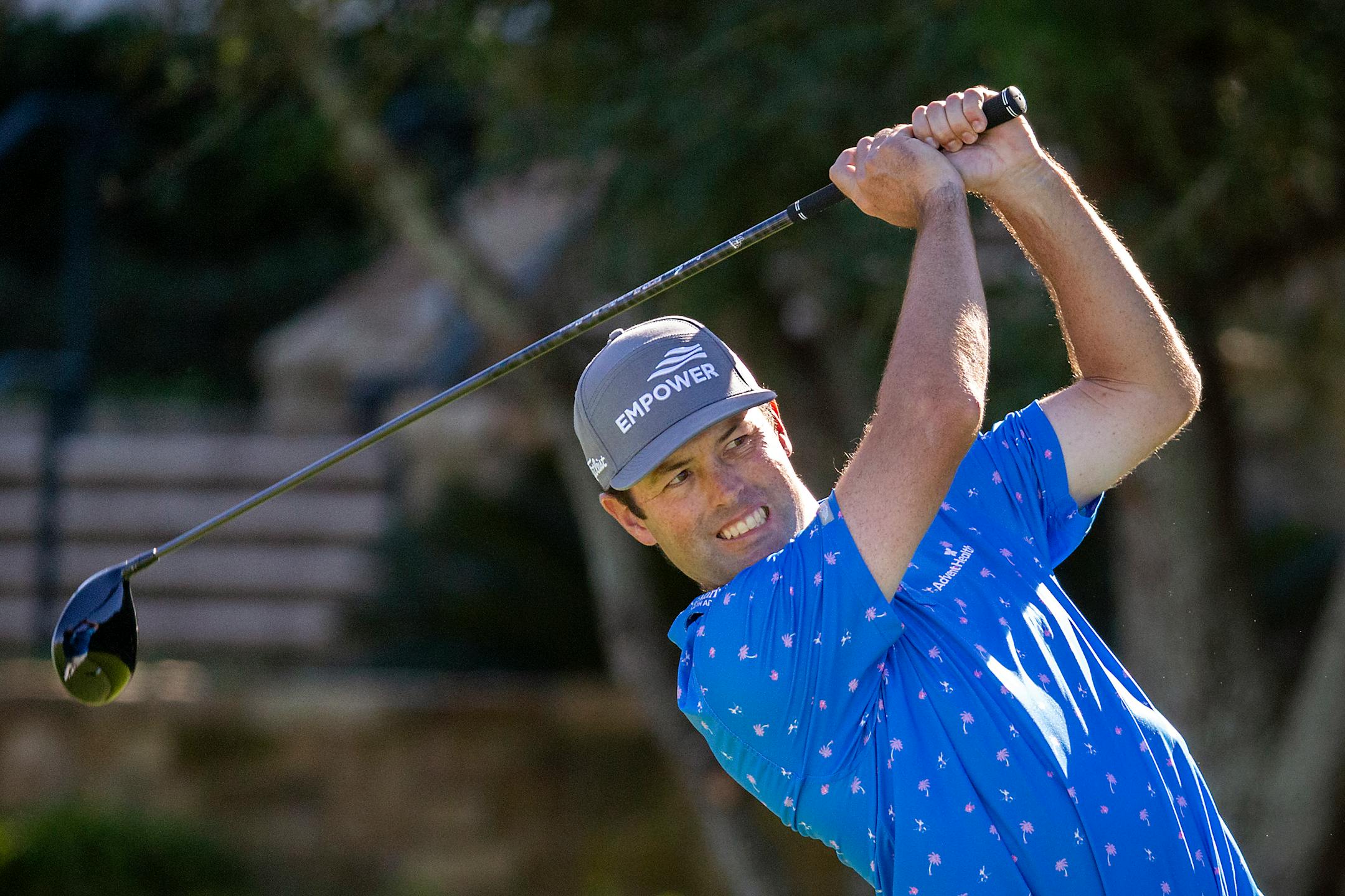 Robert Streb watches his drive down the 10th fairway during third round of the RSM Classic