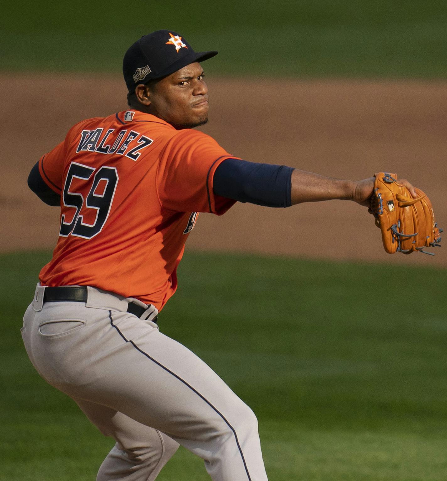 Houston Astros relief pitcher Framber Valdez (59) throwing to the Twins late in the game. ] JEFF WHEELER • jeff.wheeler@startribune.com The Minnesota Twins lost 4-1 to the Houston Astros in Game 1 of their MLB Wild Card Series Tuesday afternoon, September 29, 2020 at Target Field in Minneapolis.