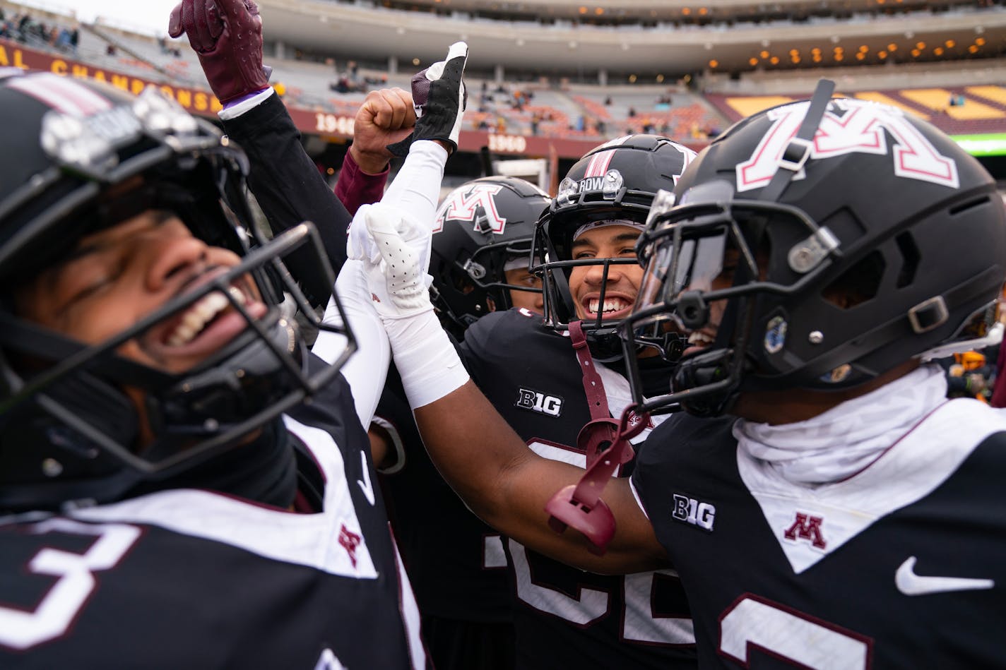 Minnesota defensive players prepare to take the field for warmups before playing Michigan State Saturday, Oct. 28, 2023, at Huntington Bank Stadium in Minneapolis, Minn. ]