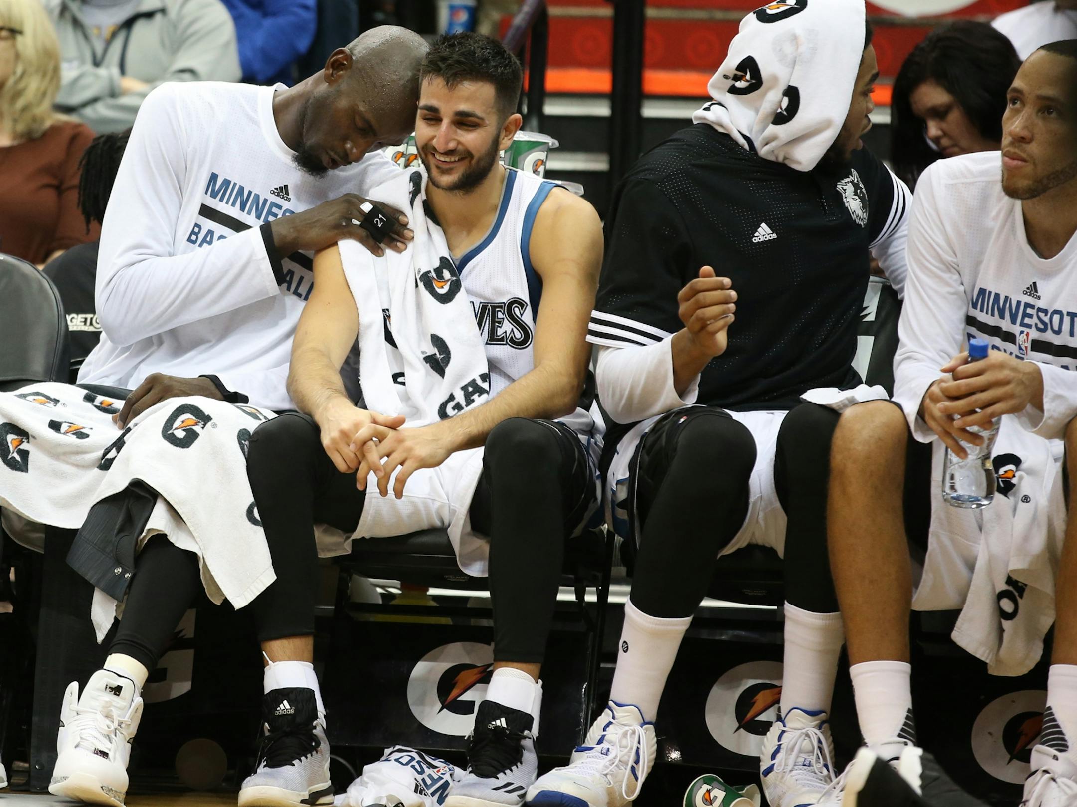 Timberwolves Kevin Garnett joked around with Ricky Rubio on the bench in the second half against Milwaukee.
