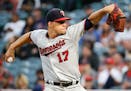 Minnesota Twins starting pitcher Jose Berrios throws to a Los Angeles Angels batter during the first inning of a baseball game in Anaheim, Calif., Thu
