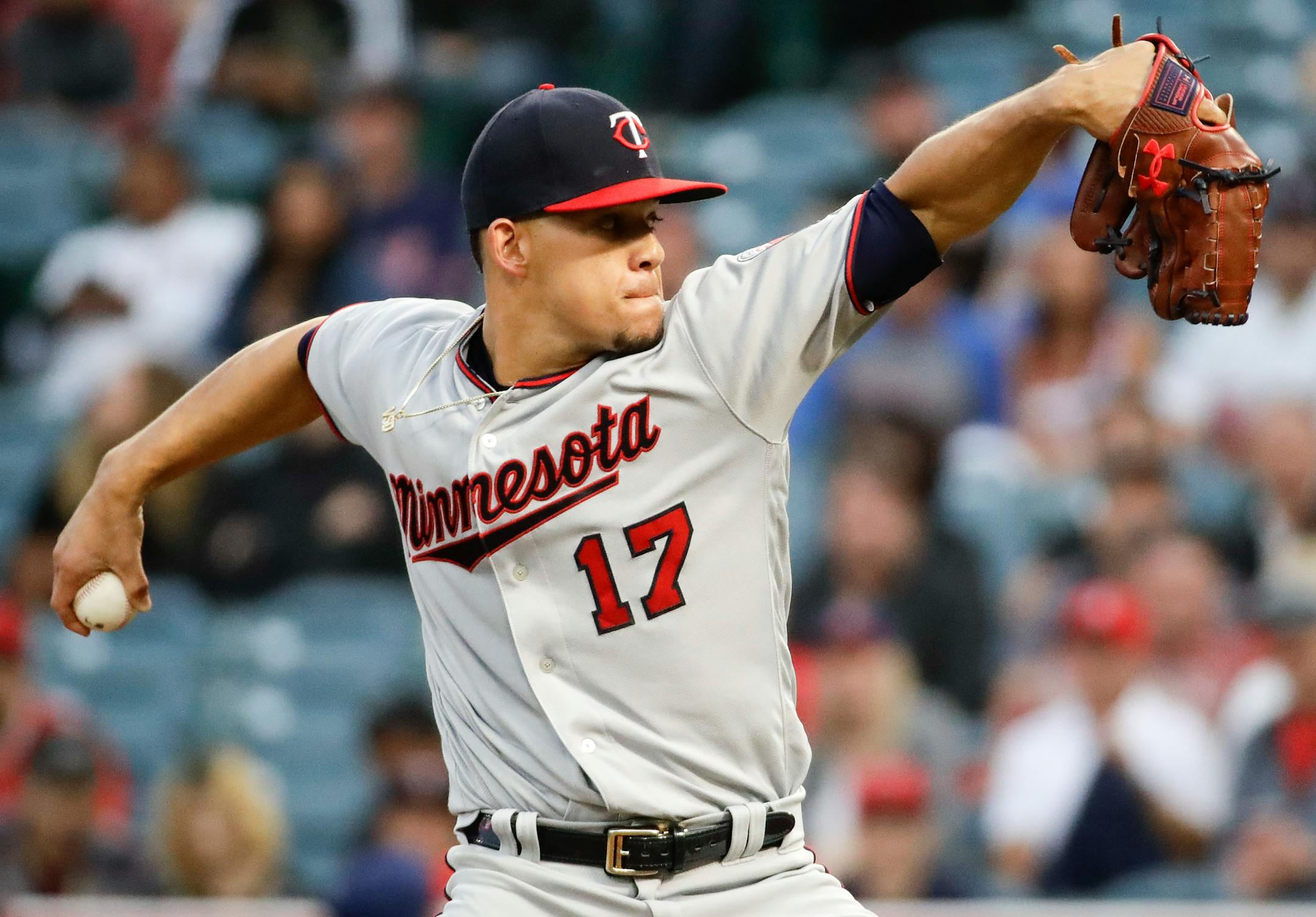 Minnesota Twins starting pitcher Jose Berrios throws to a Los Angeles Angels batter during the first inning of a baseball game in Anaheim, Calif., Thursday, May 10, 2018. (AP Photo/Chris Carlson)